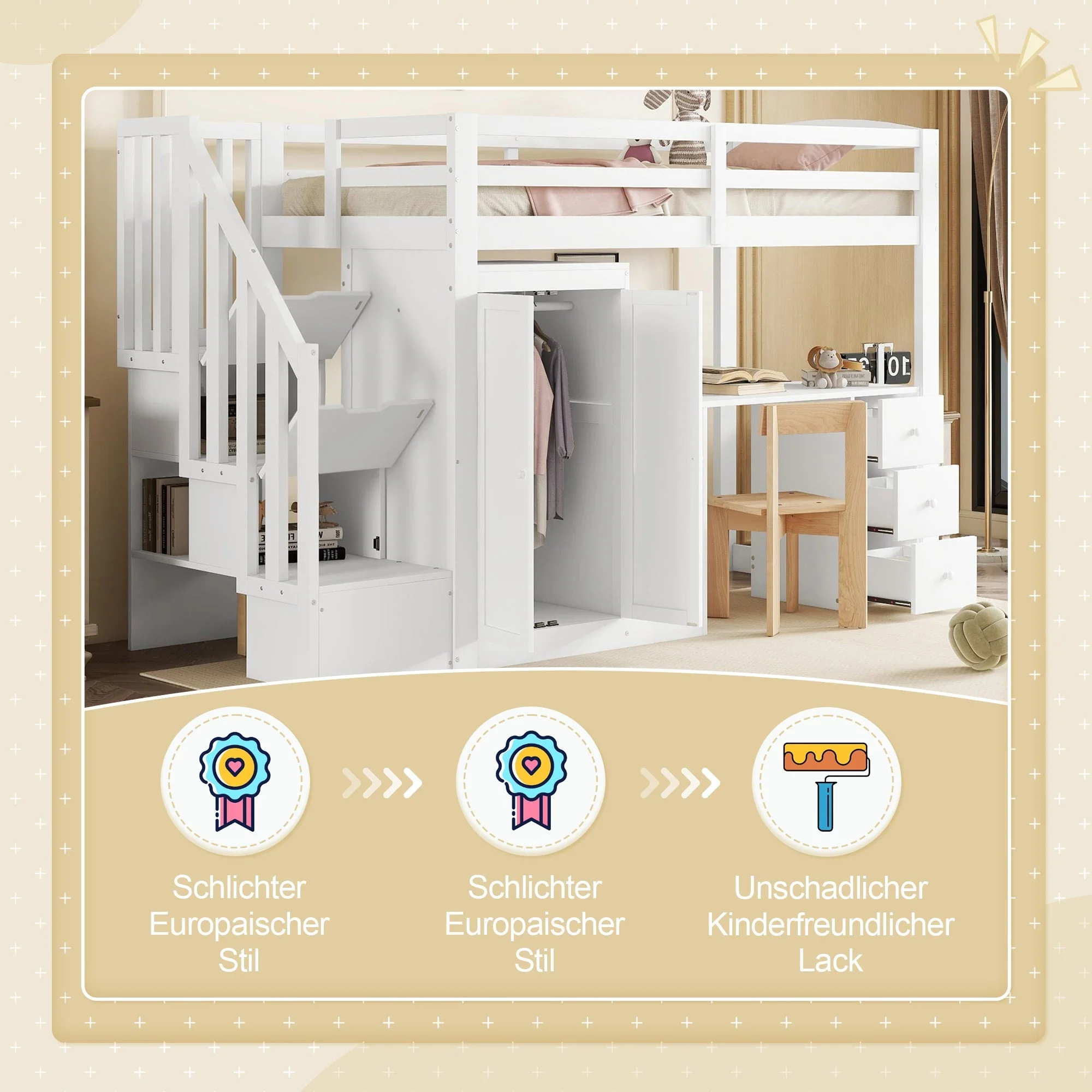 Loft Bed with Wardrobe, Desk, Stairs and Drawers, 90 x 200cm, White - Image 5