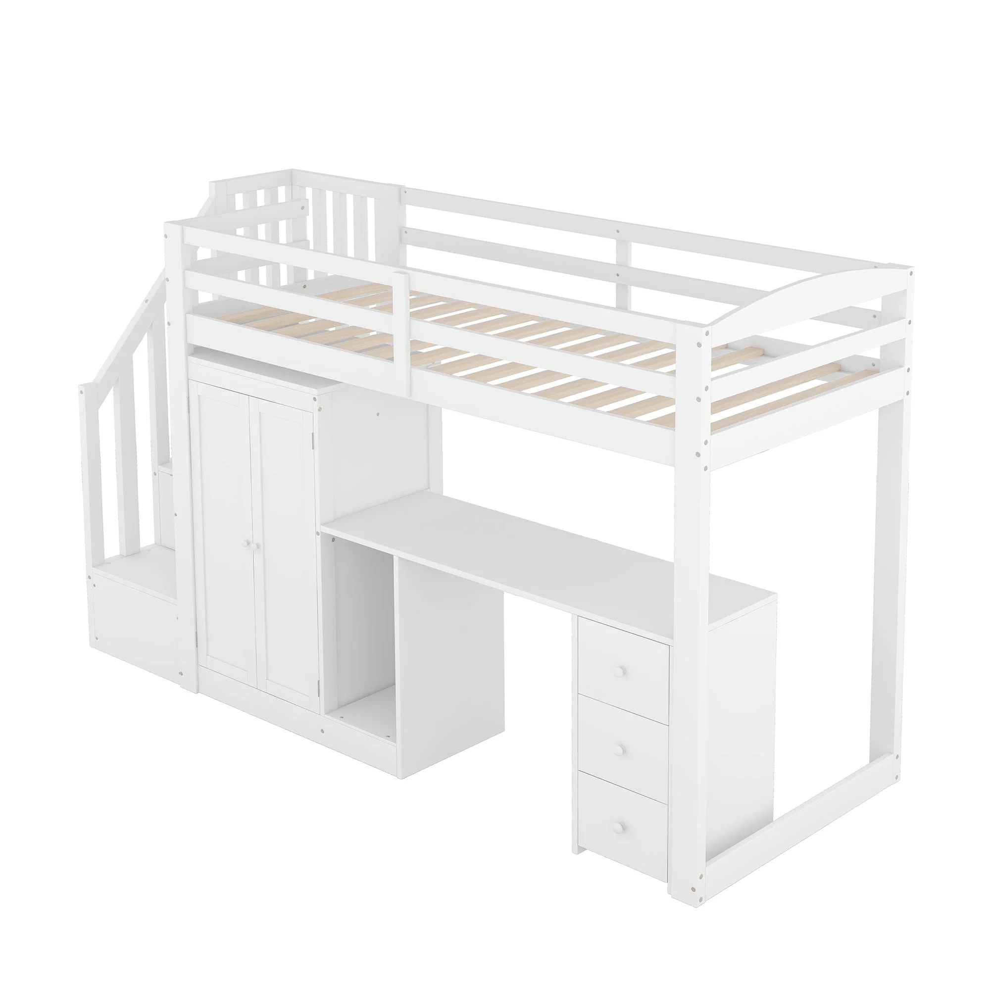 Loft Bed with Wardrobe, Desk, Stairs and Drawers, 90 x 200cm, White - Image 9