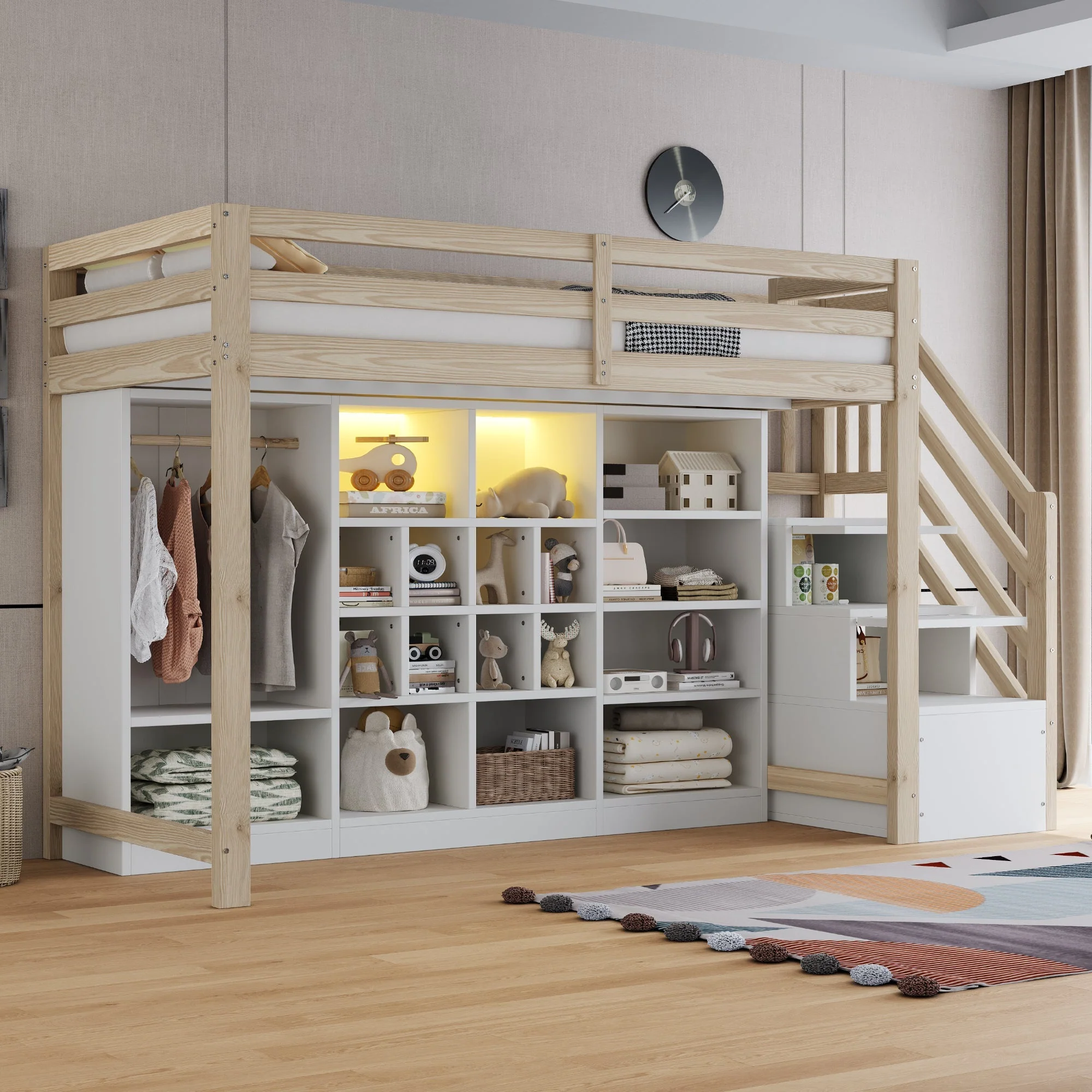 Loft Bed with Wardrobe, Storage Cabinets, LED and Side Ladder, 90x200cm, Wood Color - Image 3