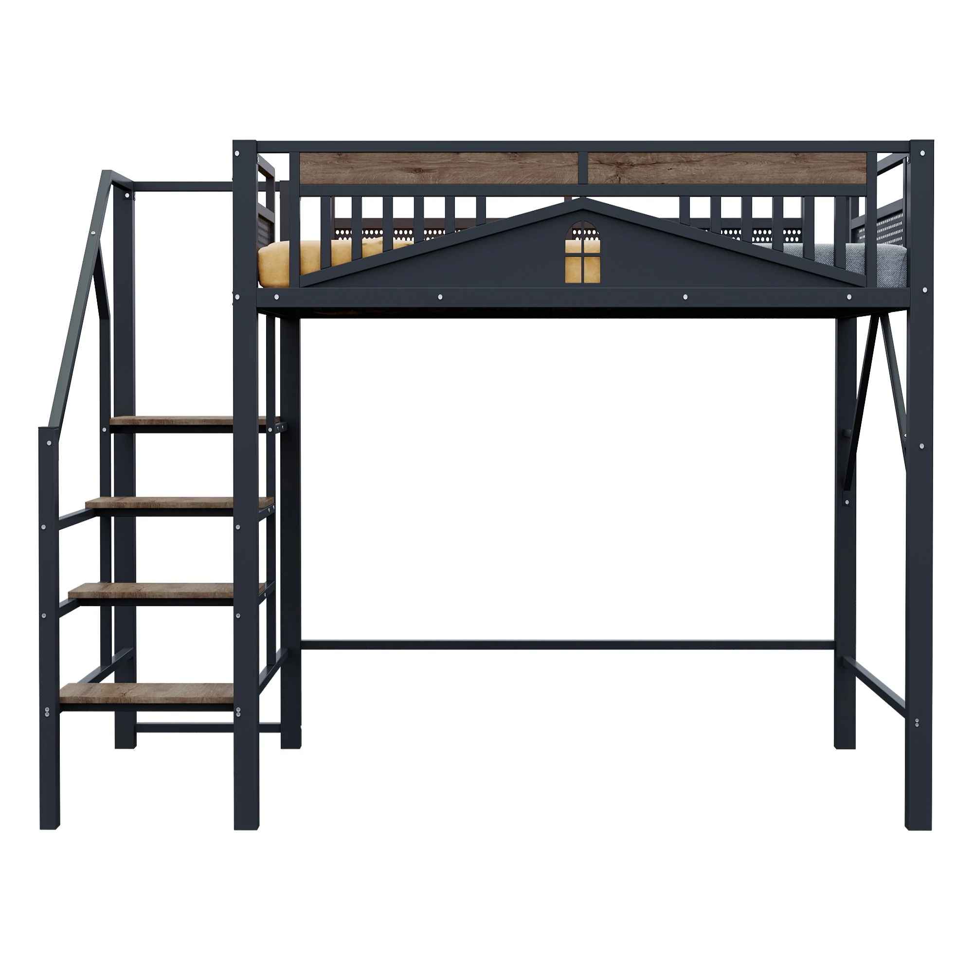 Loft Metal Bed 140x200 cm with Security Steps and Wood Accents, Black or White