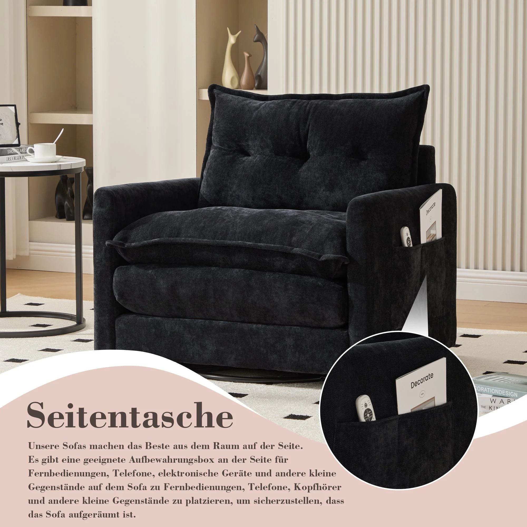 Lounge Chair, 360° Rotating, Armrests, Single Sofa, Modern Style, Cushions - Image 3