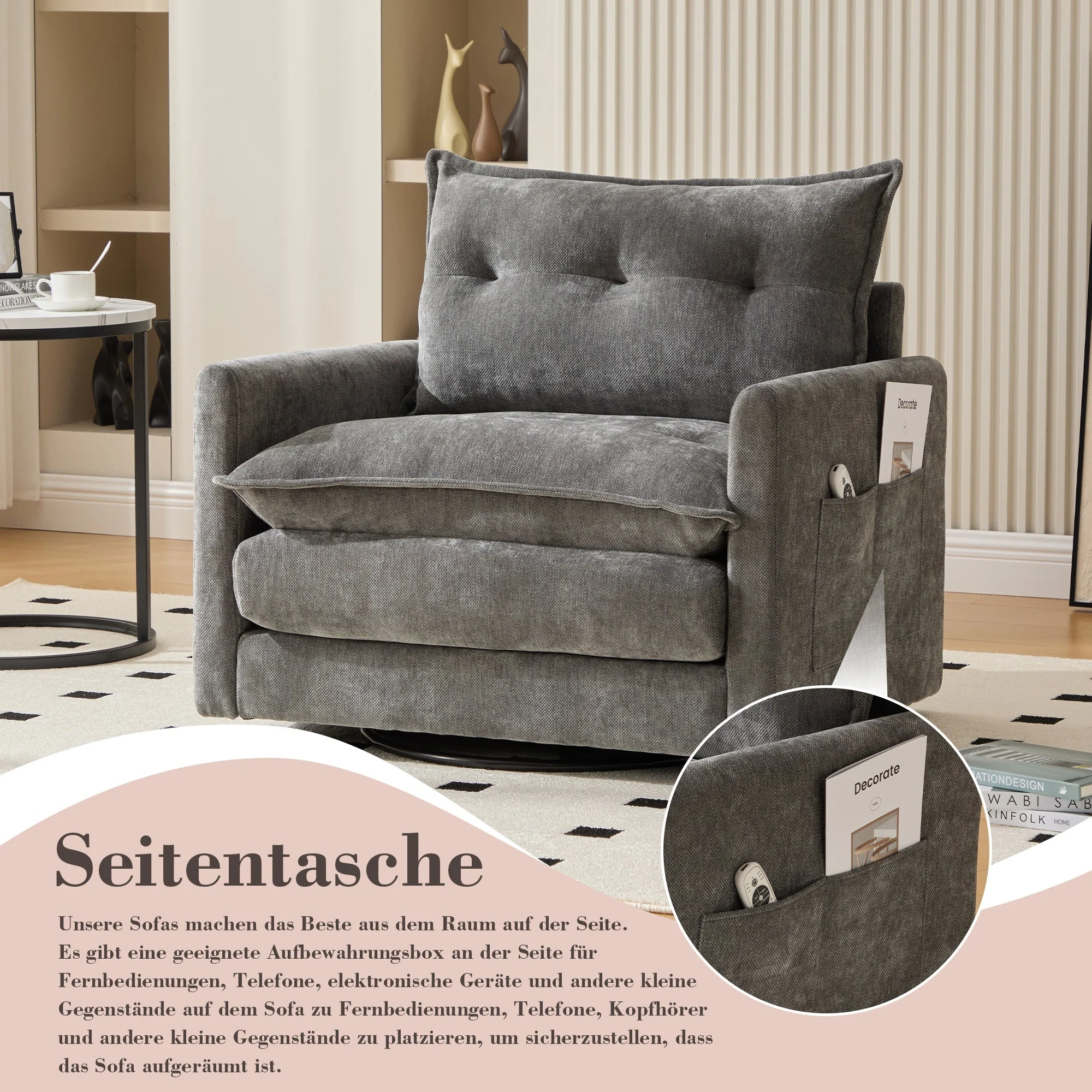 Lounge Chair | 360° Swivel Armrests Large Single Sofa Modern Style Cushions | Armchair - Image 3