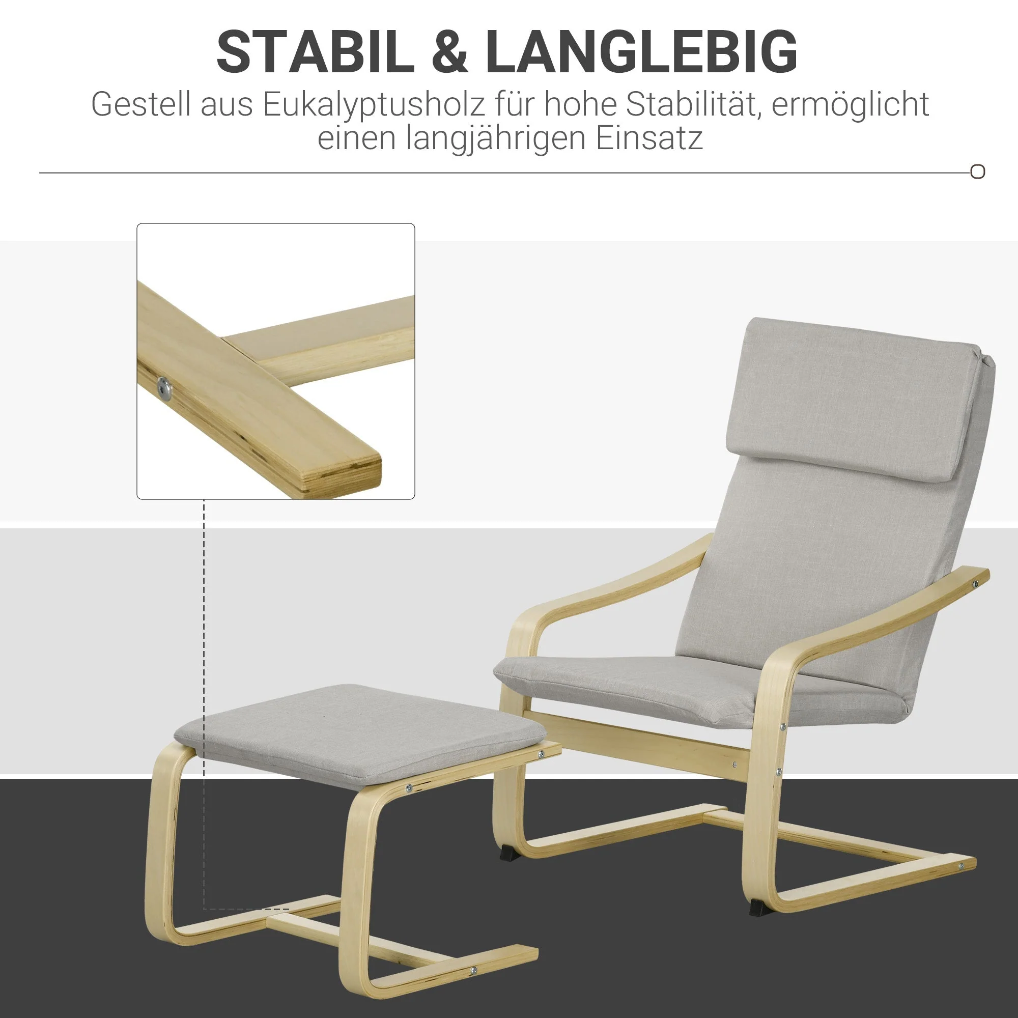 Lounge Chairs Set of 2 with Footstool, Armrest, Headrest, Light Grey Linen - Image 5