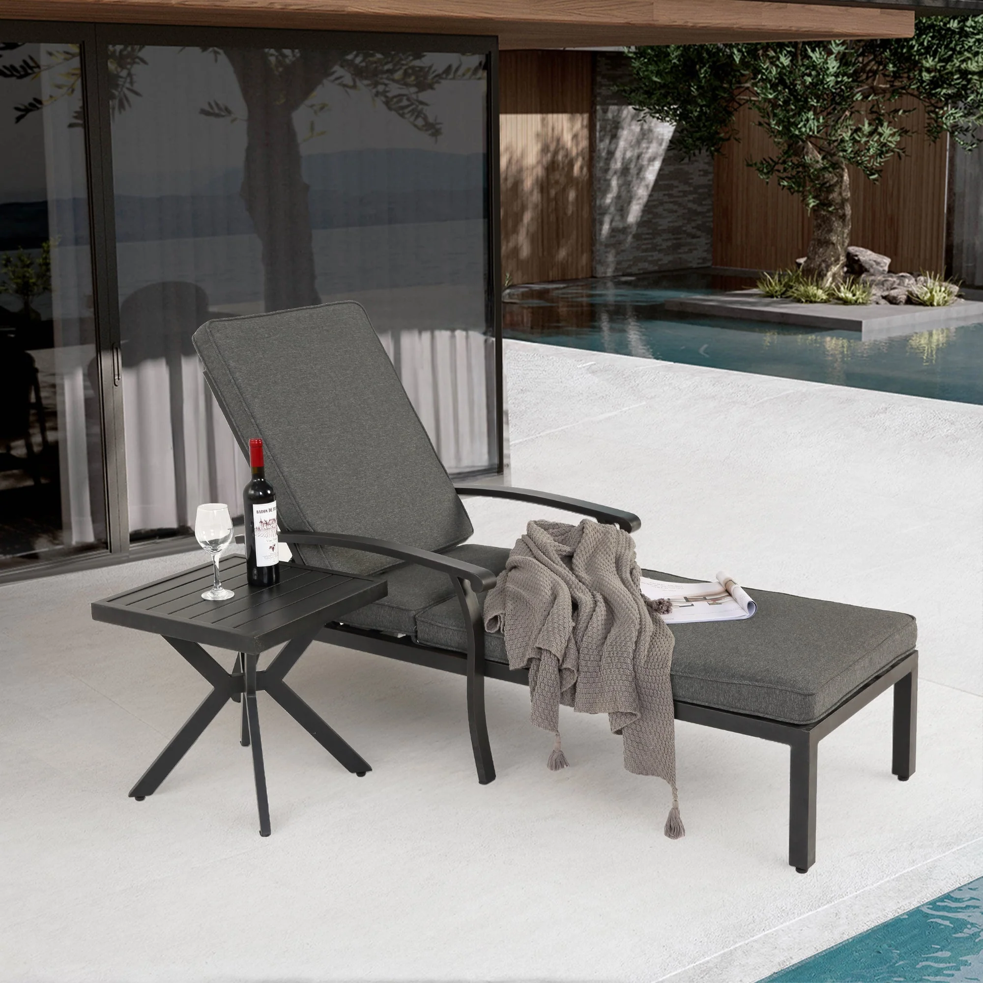 Lounge Patio Chair, Adjustable Reclining Rustproof Aluminum, Gray Cushion