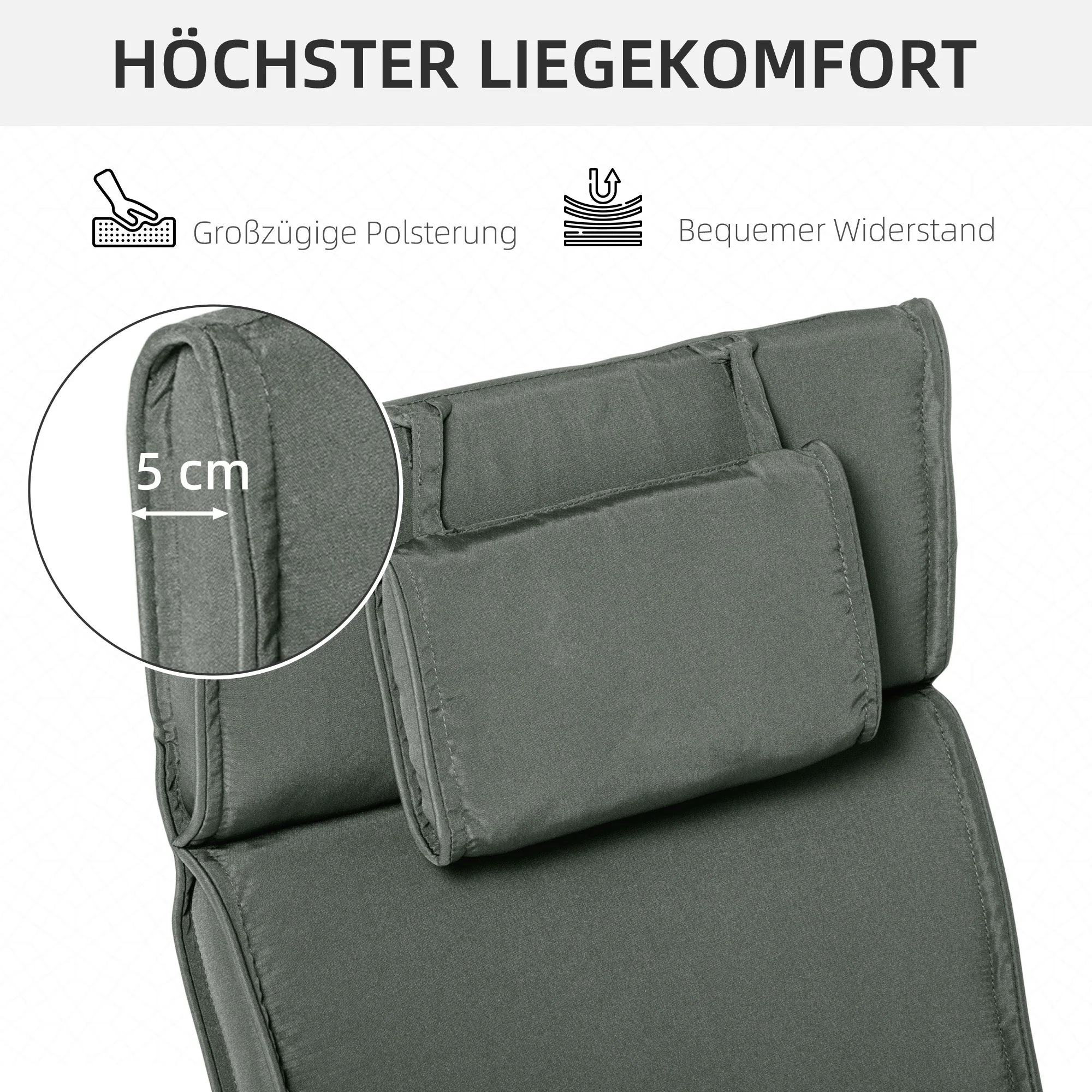 Lounger Cushion, Garden, Removable Headrest, Polyester Cotton Fibre, Grey - Image 4