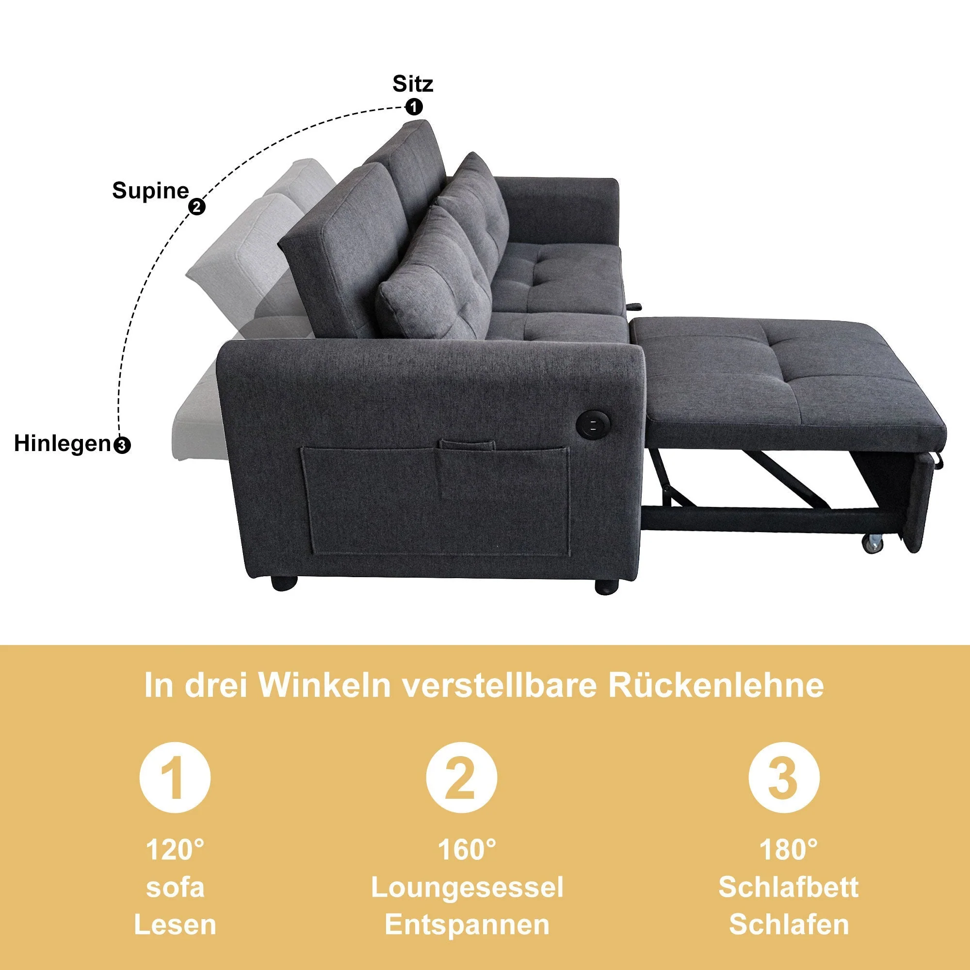 Loveseat Sofa 3-in-1 Pull-out Adjustable Backrest USB Modern Design - Image 8