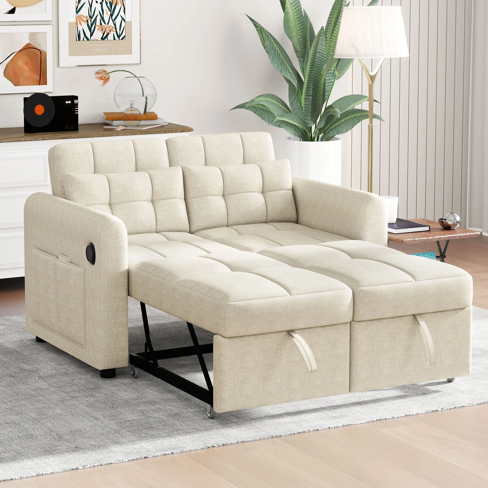 Loveseat Sofa, Modern 3-in-1 Pull-Out, Adjustable Backrest, USB Port
