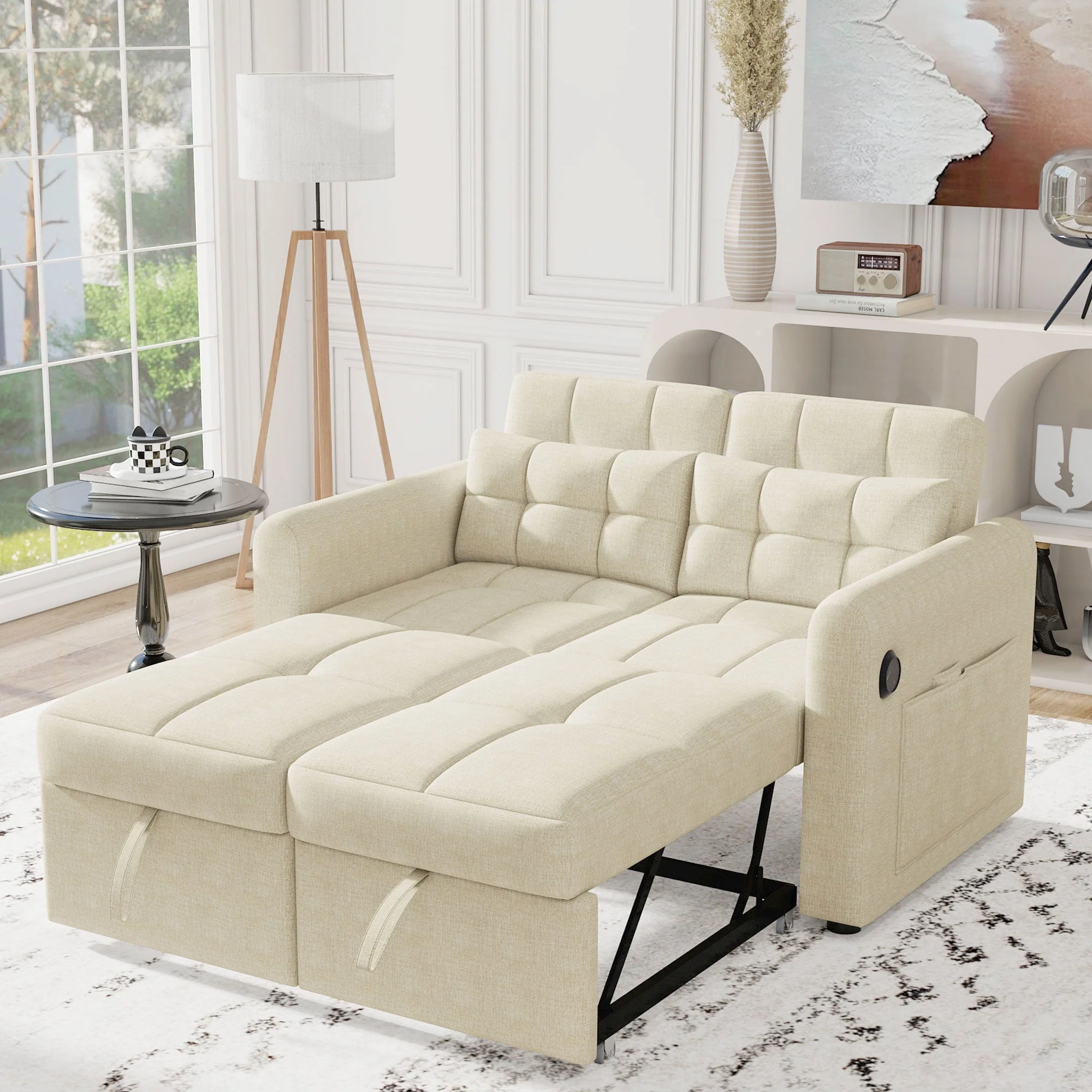 Loveseat Sofa, Modern 3-in-1 Pull-Out, Adjustable Backrest, USB Port - Image 2