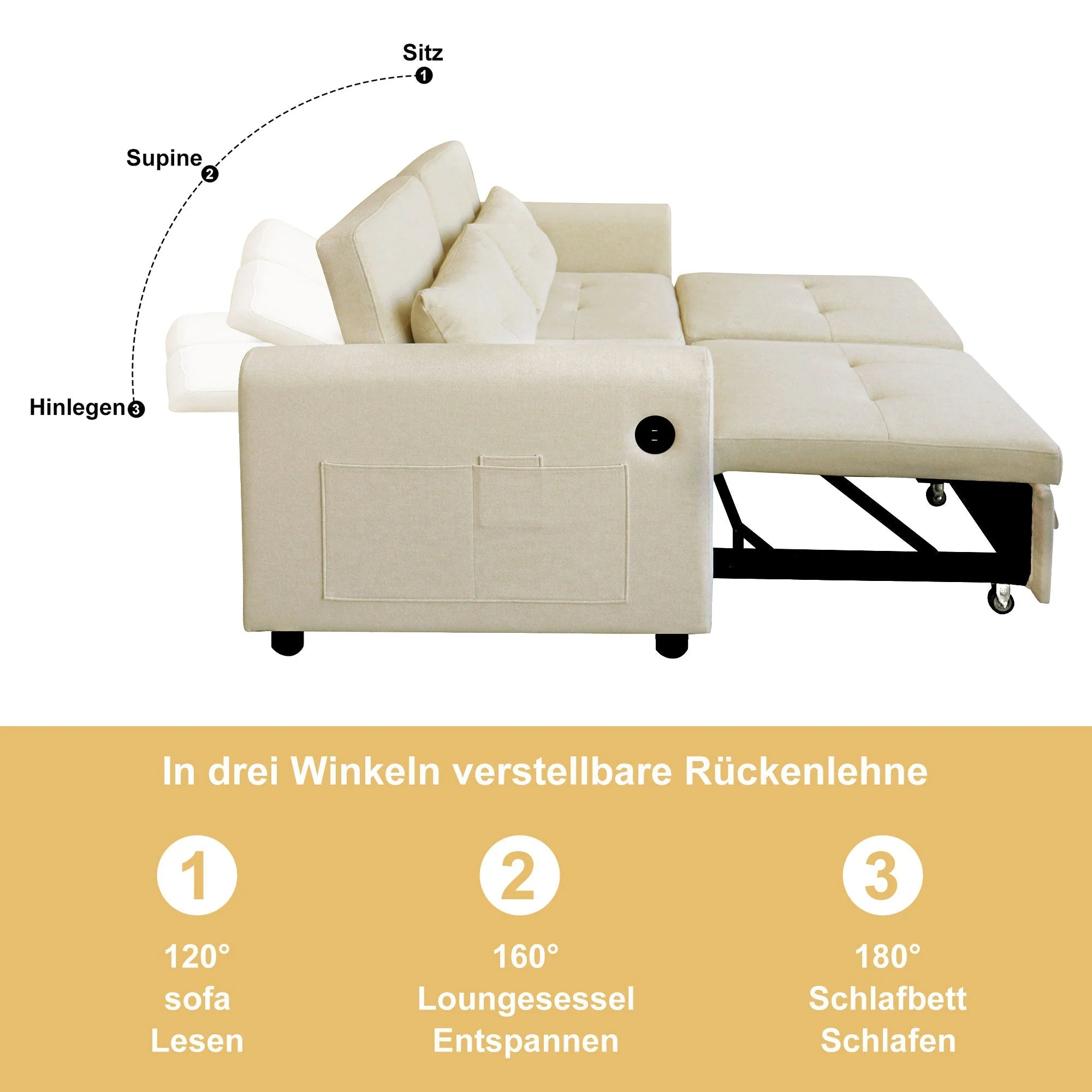 Loveseat Sofa, Modern 3-in-1 Pull-Out, Adjustable Backrest, USB Port - Image 8