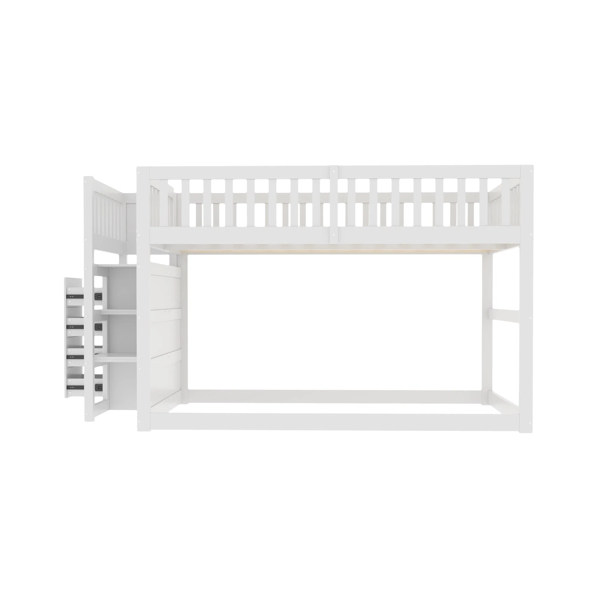 Low Bunk Bed, 140x200cm Safety with Storage & High Fence, Wooden White - Image 4