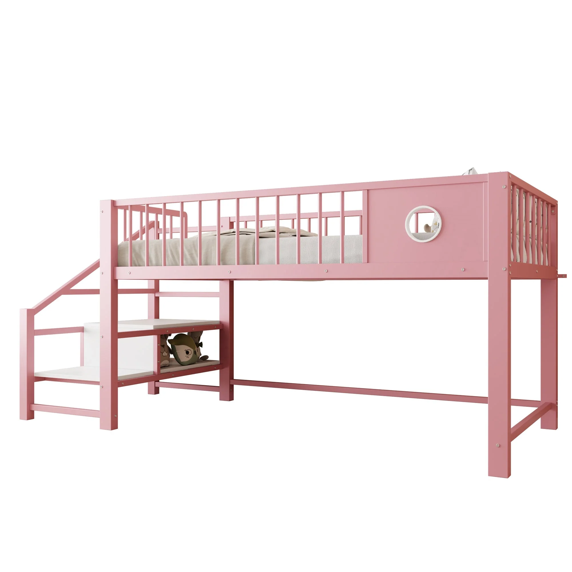 Low Loft Bed for Children with Storage Ladder and Metal Frame, 90x200cm, Pink Metal - Image 7