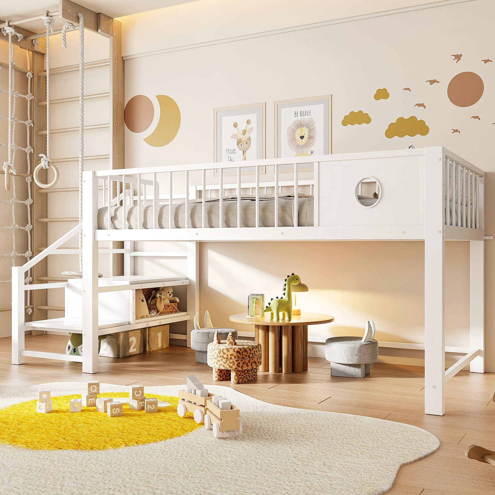 Low Loft Bed for Children with Storage Ladder and Metal Frame, 90x200cm, White - Image 2