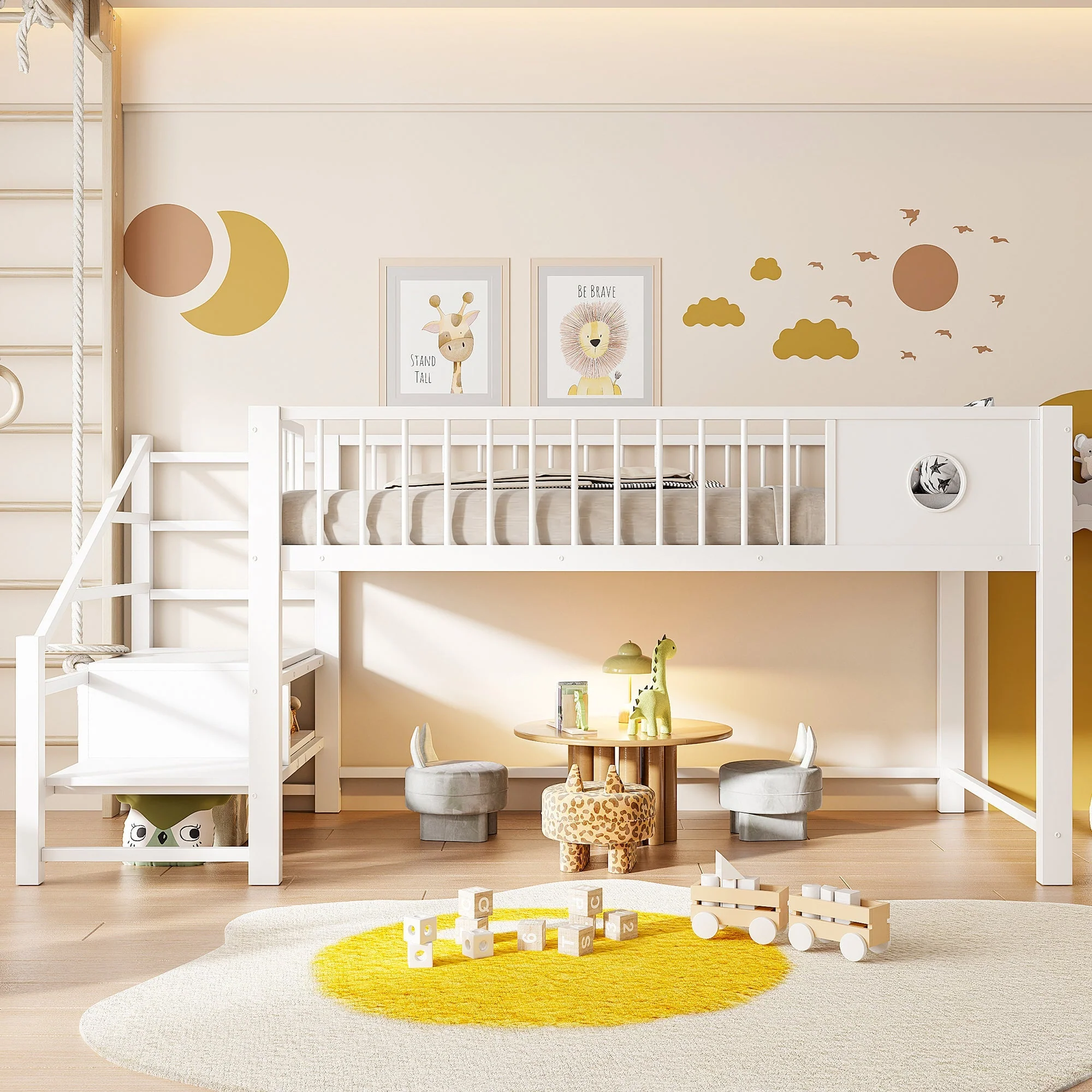 Low Loft Bed for Children with Storage Ladder and Metal Frame, 90x200cm, White - Image 3