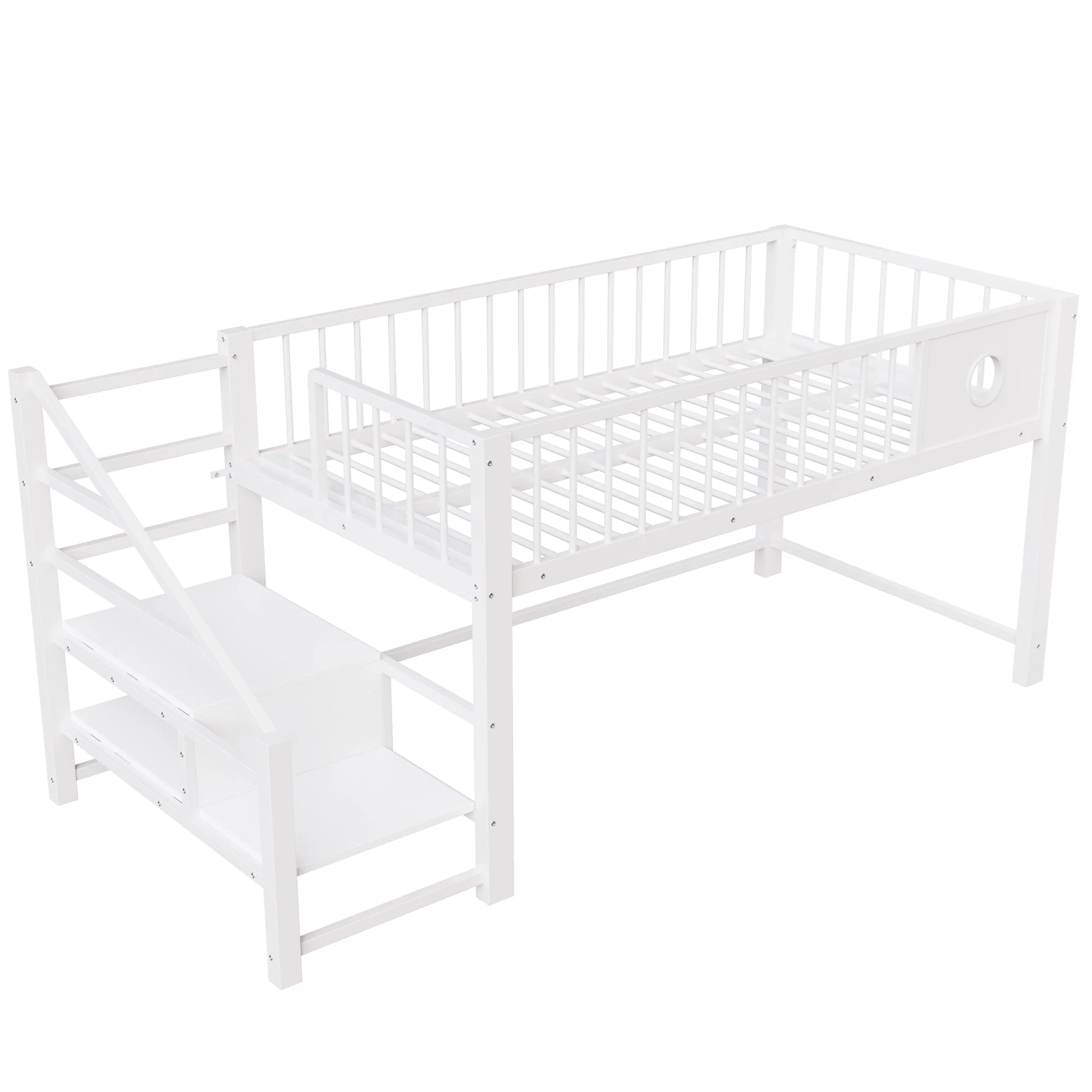 Low Loft Bed for Children with Storage Ladder and Metal Frame, 90x200cm, White - Image 4