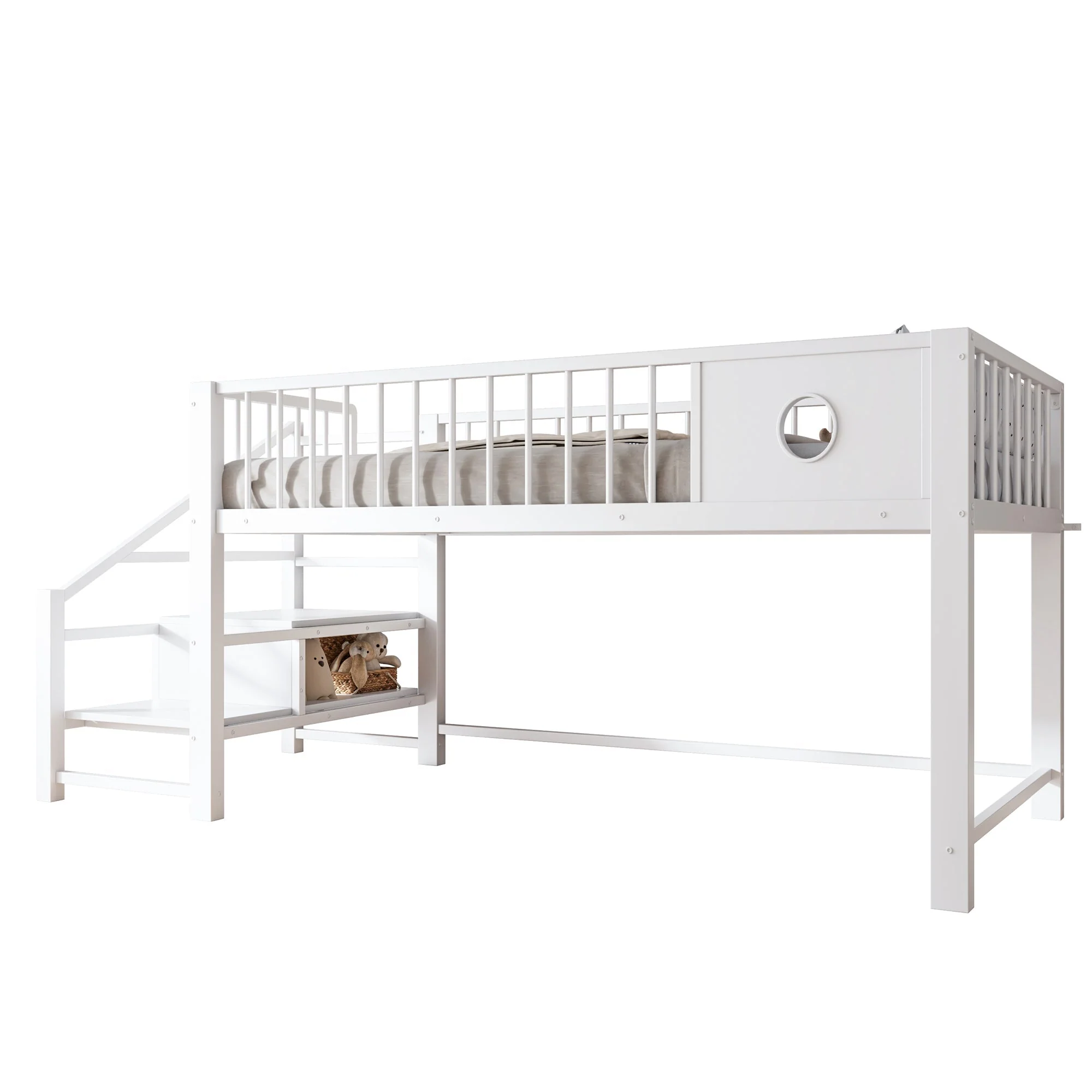 Low Loft Bed for Children with Storage Ladder and Metal Frame, 90x200cm, White - Image 5