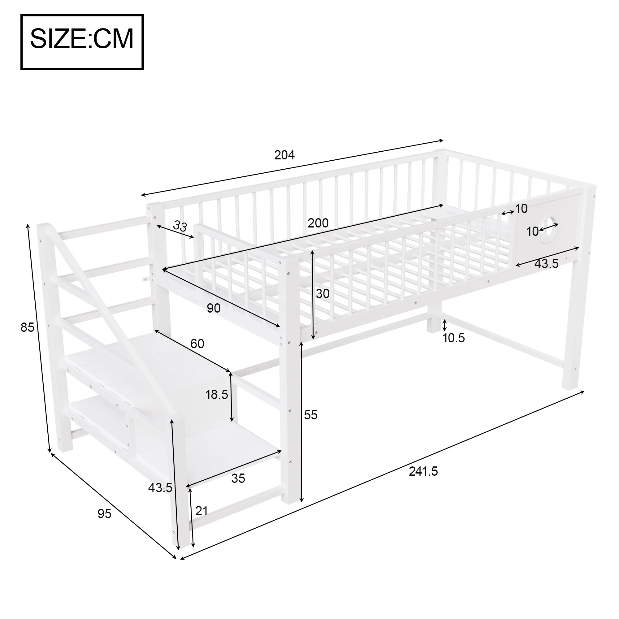 Low Loft Bed for Children with Storage Ladder and Metal Frame, 90x200cm, White - Image 6
