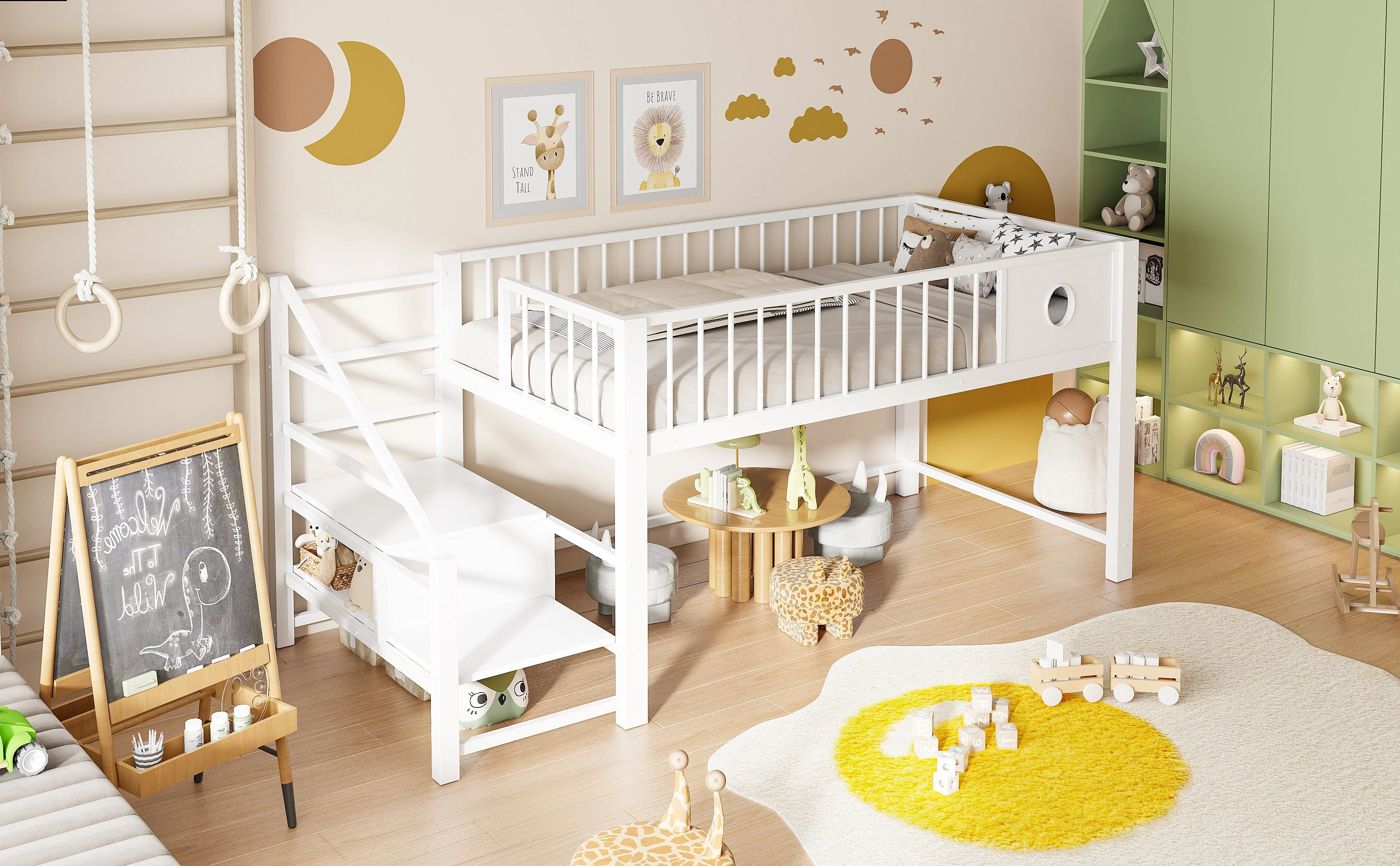 Low Loft Bed for Children with Storage Ladder and Metal Frame, 90x200cm, White - Image 7