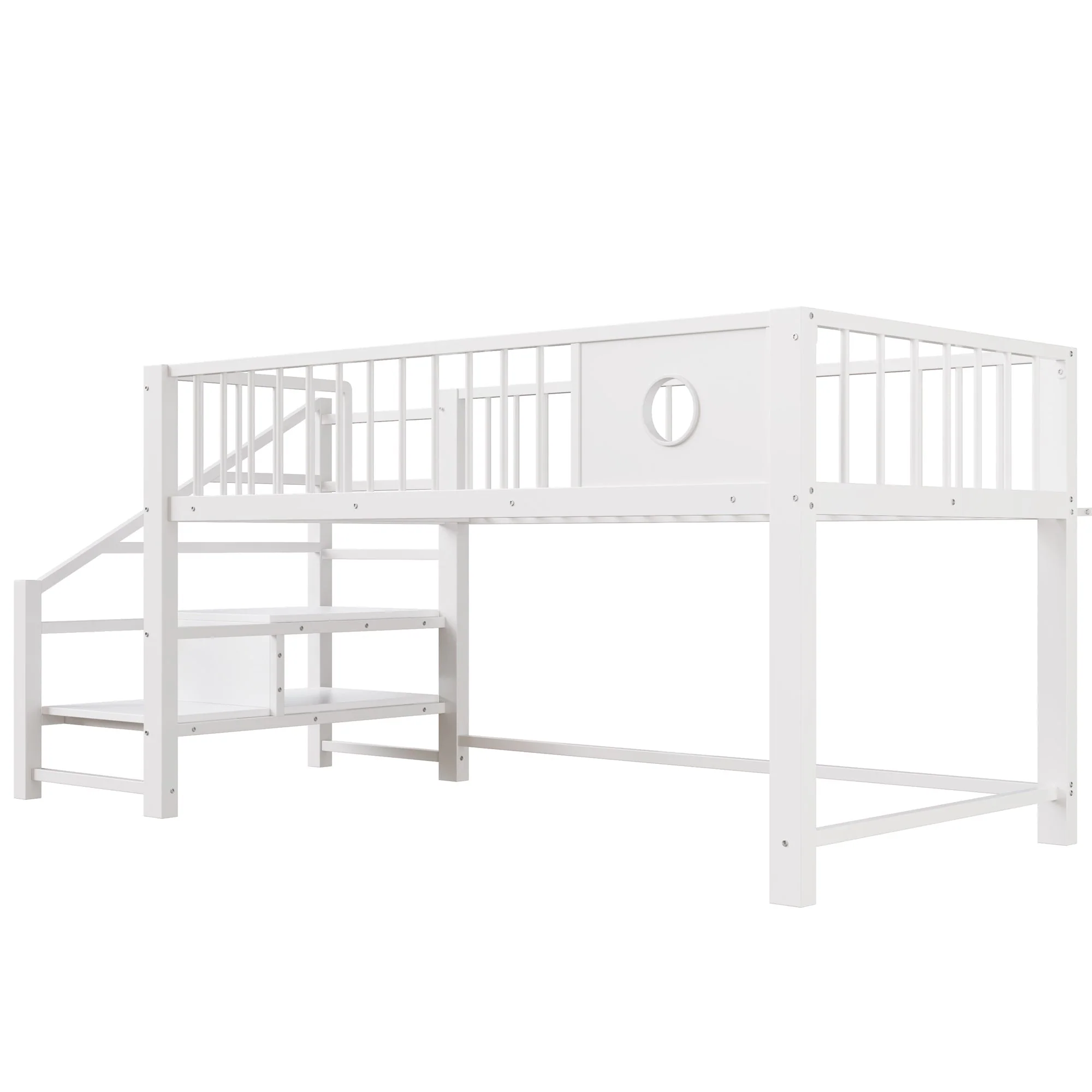 Low Loft Bed for Children with Storage Ladder and Metal Frame, 90x200cm, White - Image 8