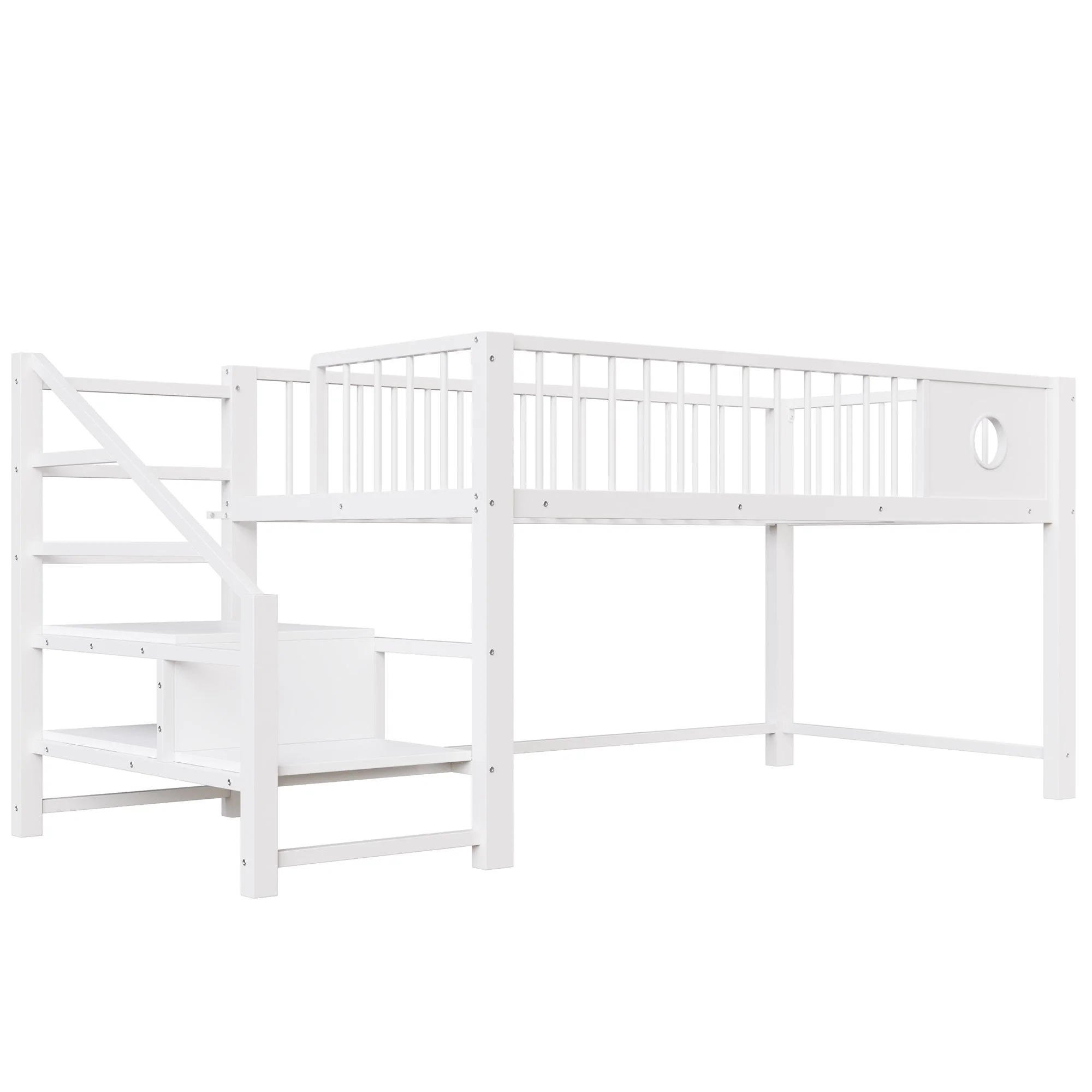Low Loft Bed for Children with Storage Ladder and Metal Frame, 90x200cm, White - Image 9