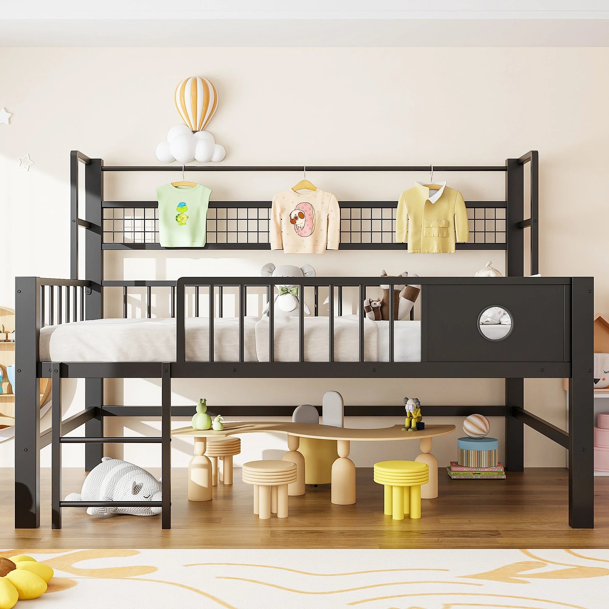Low Loft Bed with Storage Compartments, 90x200cm, Black Metal - Image 2