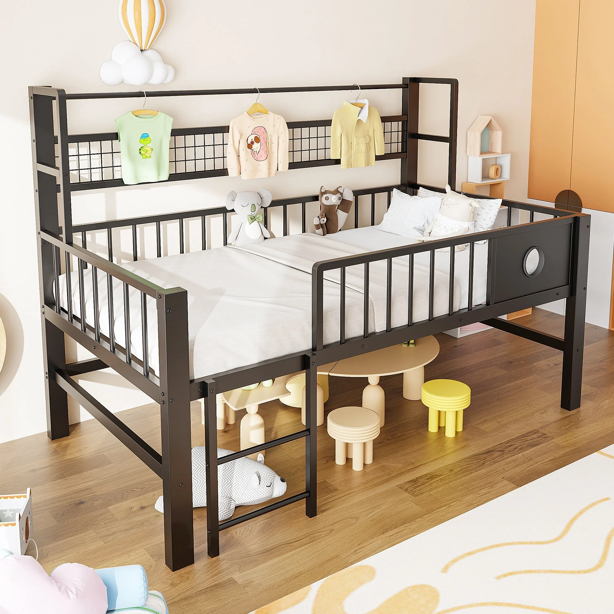 Low Loft Bed with Storage Compartments, 90x200cm, Black Metal - Image 3
