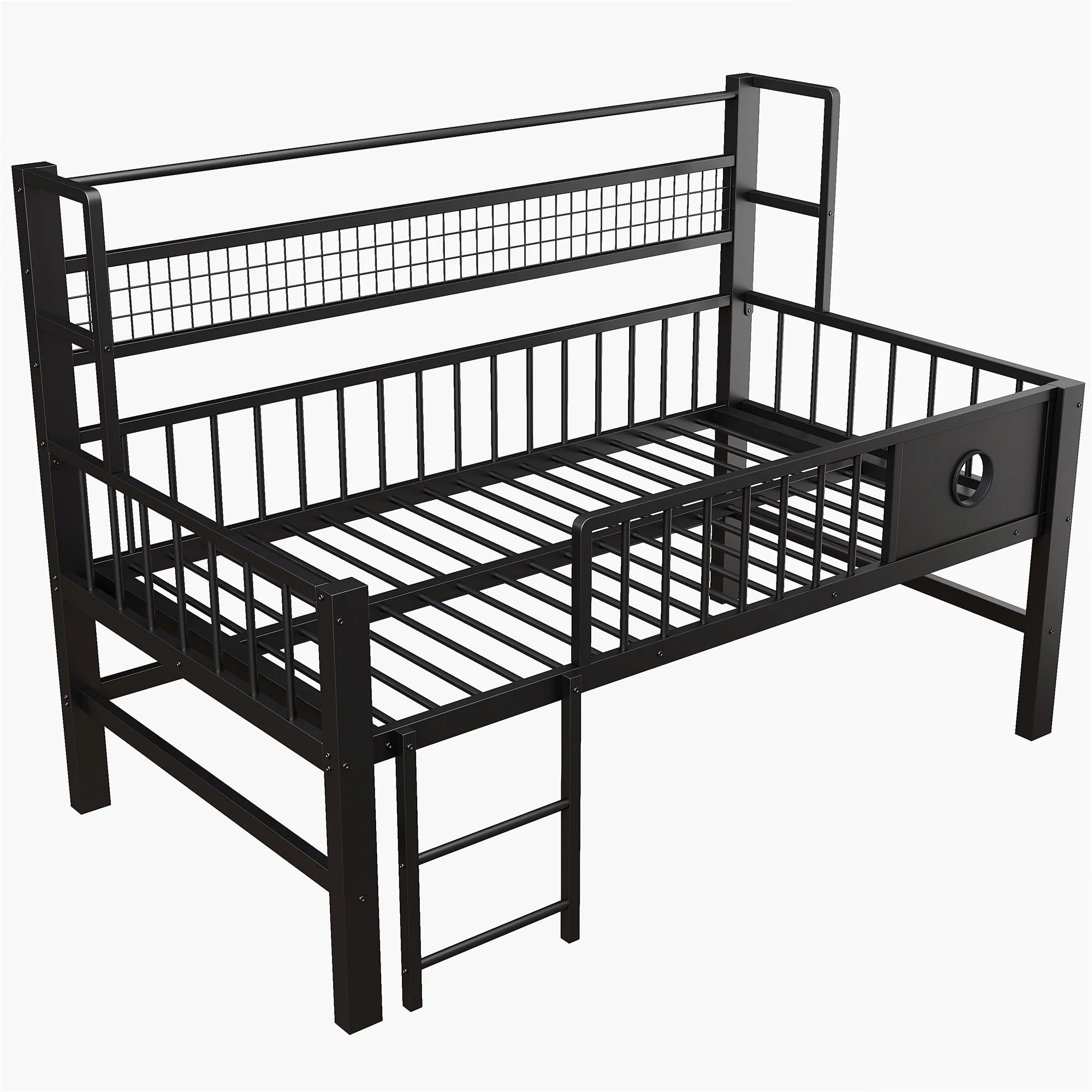 Low Loft Bed with Storage Compartments, 90x200cm, Black Metal - Image 5