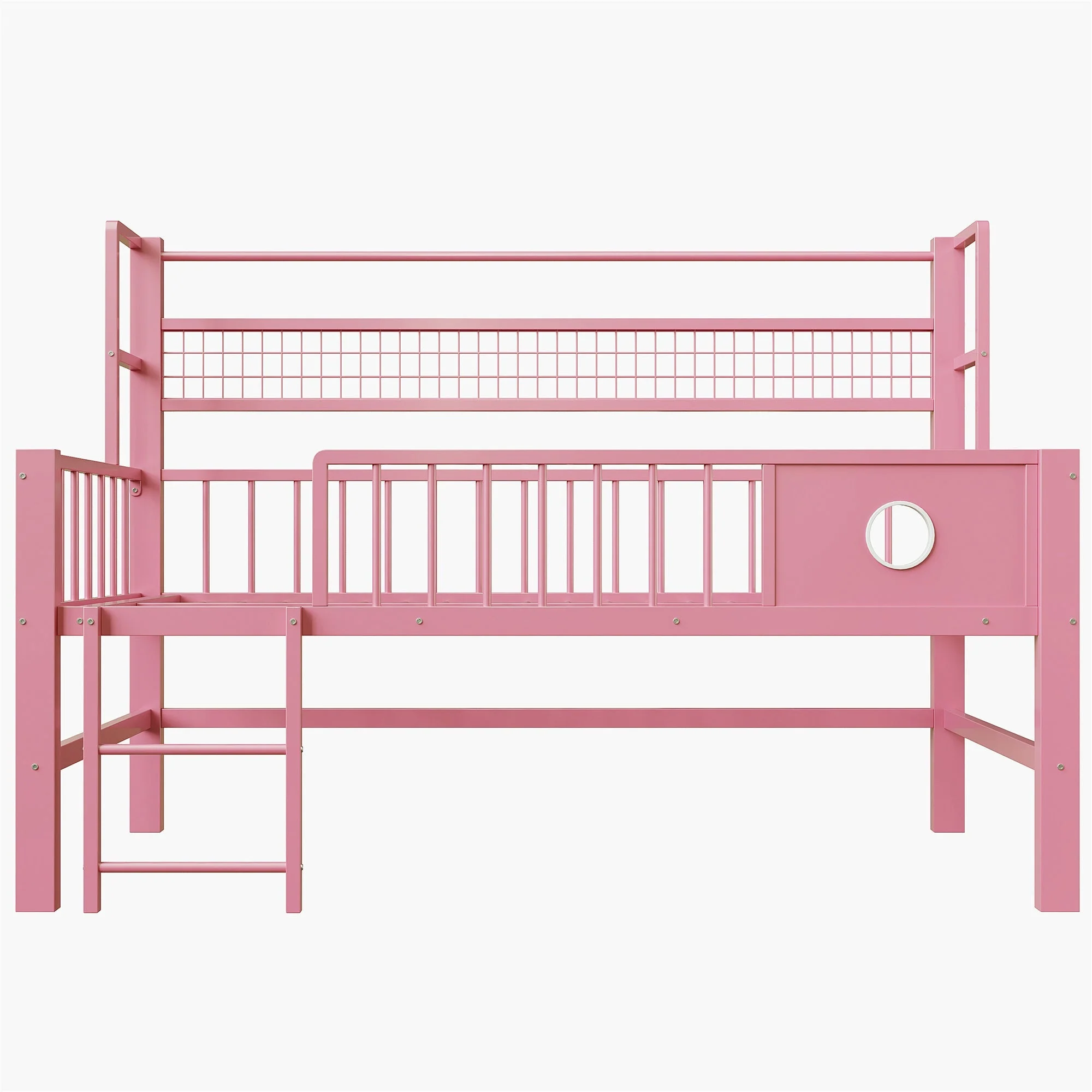 Low Loft Bed with Storage Compartments, 90x200cm, Pink Metal Frame - Image 9