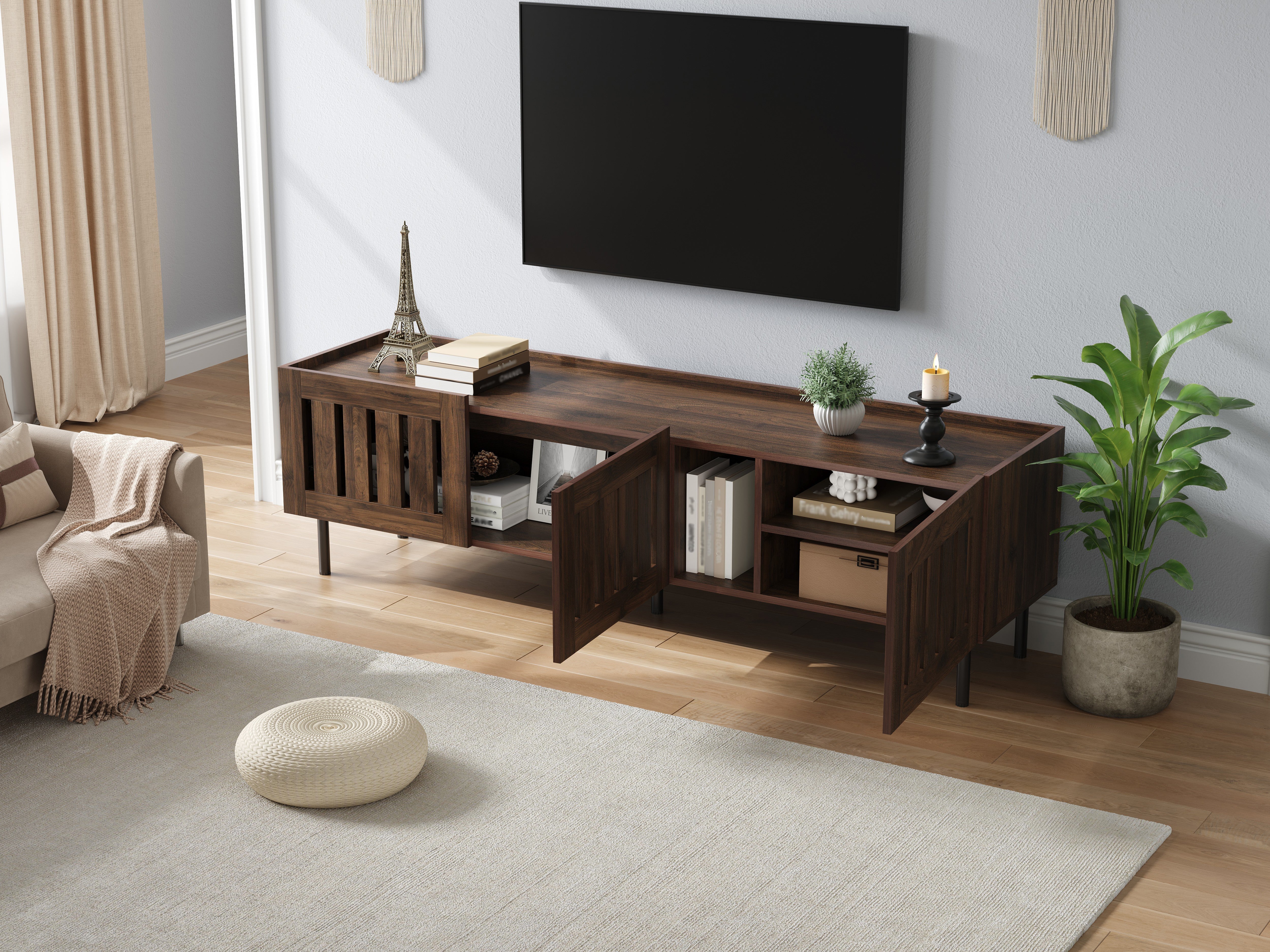 Lowboard Minimalist TV Stand 160cm for 65-inch TV Walnut Wood Finish - Image 6