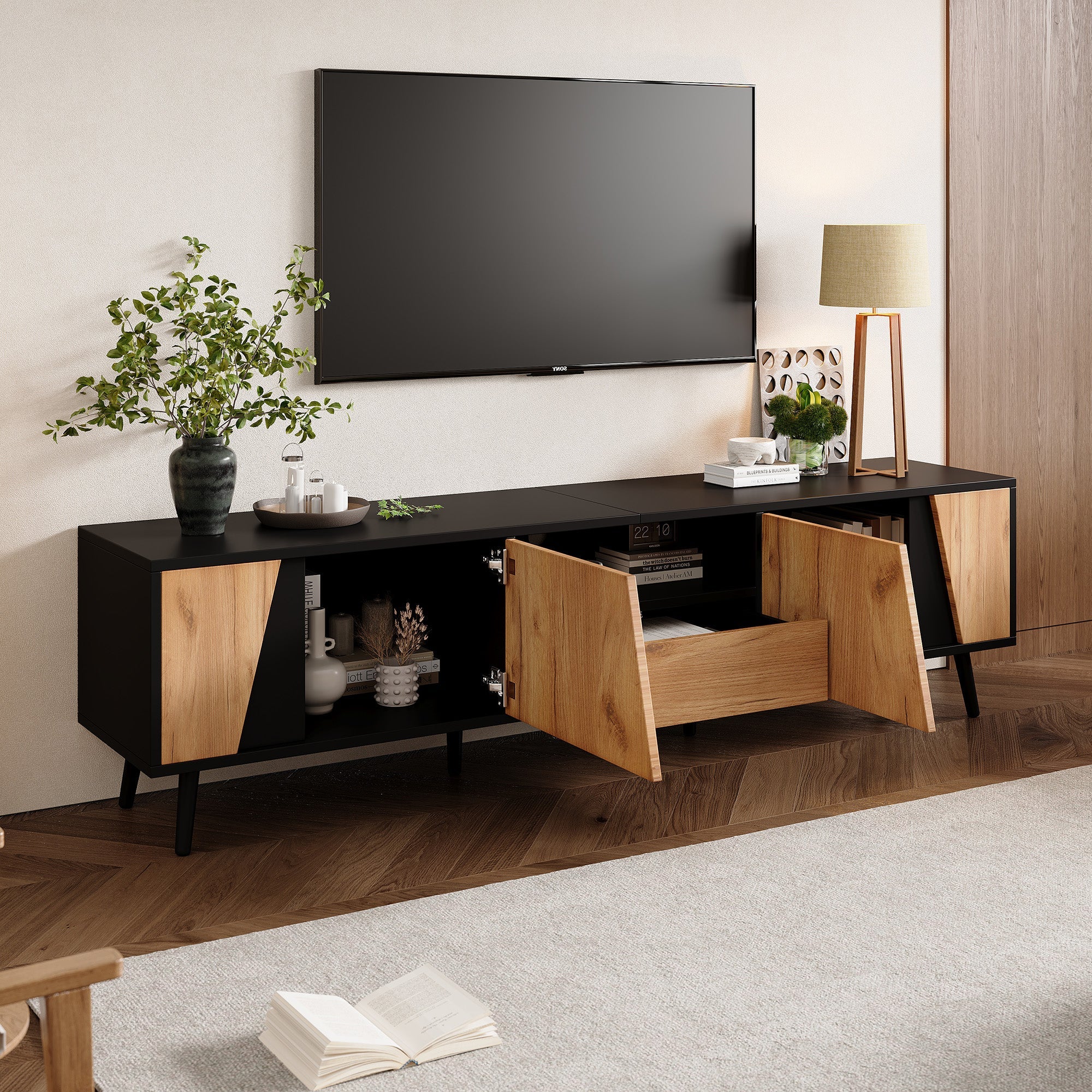 Lowboard TV Board, TV Cabinet with Drawers and 2 Cabinets, Modern Minimalist, Solid Wood - Image 5