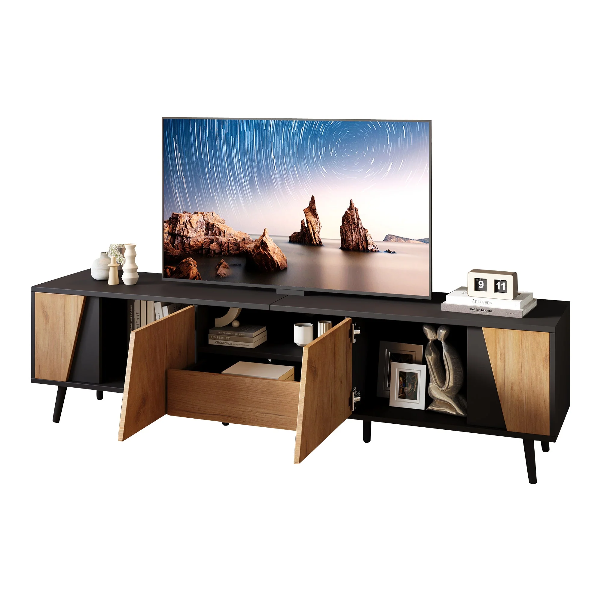 Lowboard TV Board, TV Cabinet with Drawers and 2 Cabinets, Modern Minimalist, Solid Wood - Image 8