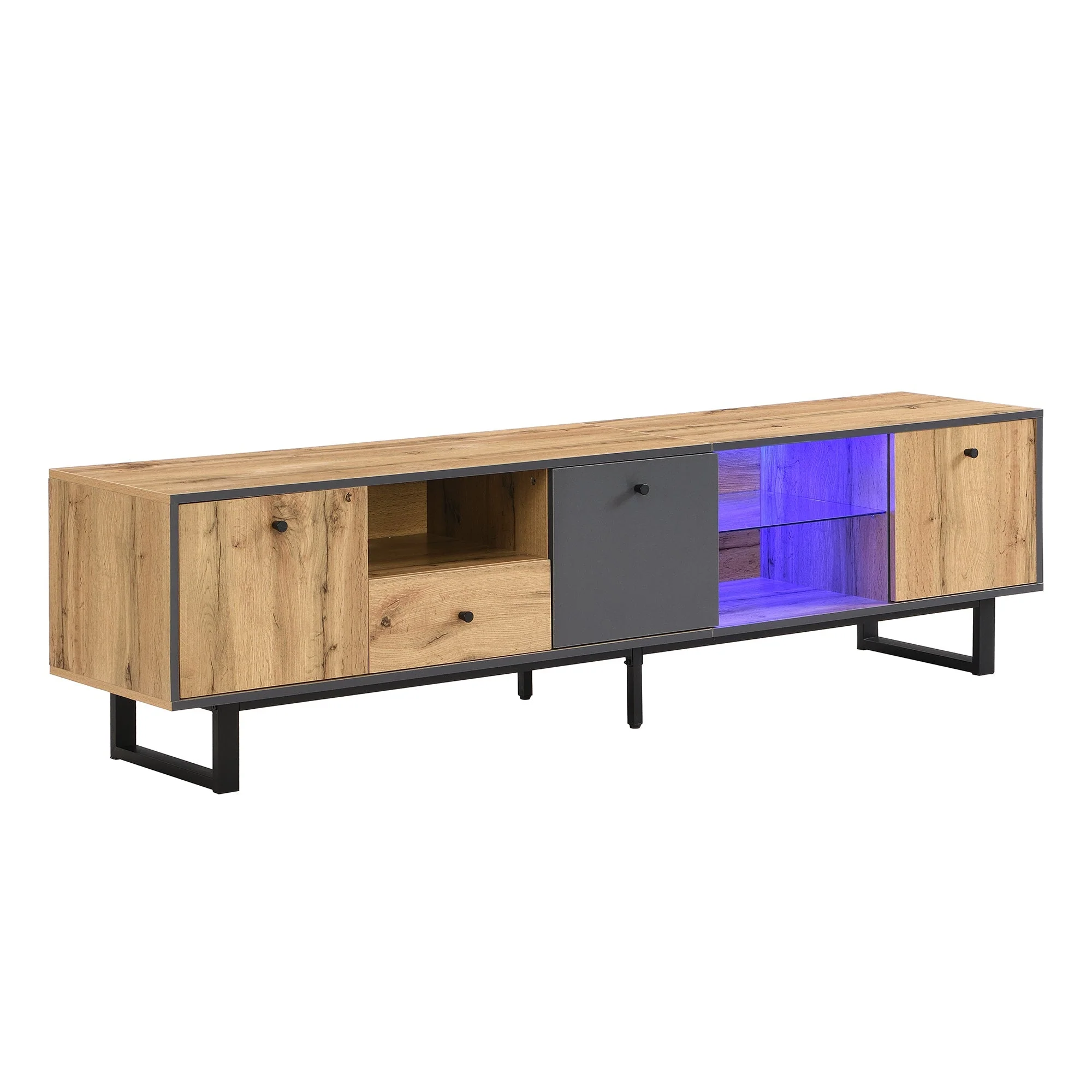 Lowboard TV Cabinet, LED Light & Glass Partition, Color-Matching Design - Image 10