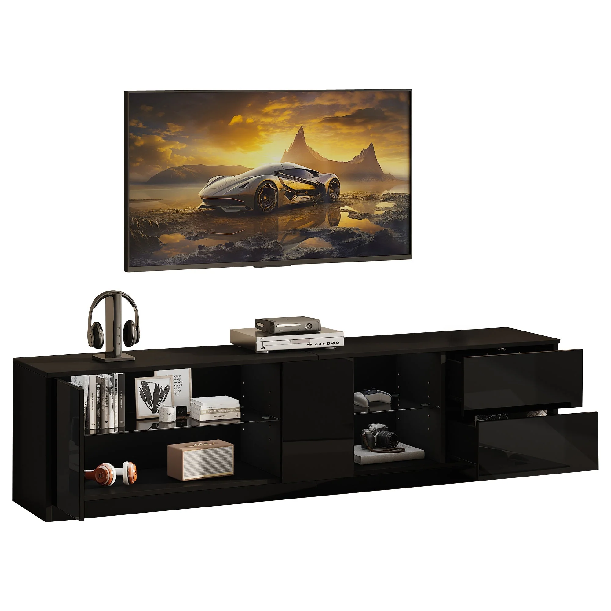 Lowboard TV Stand High-Gloss with LED Lighting 160cm for 65" TV Black - Image 8