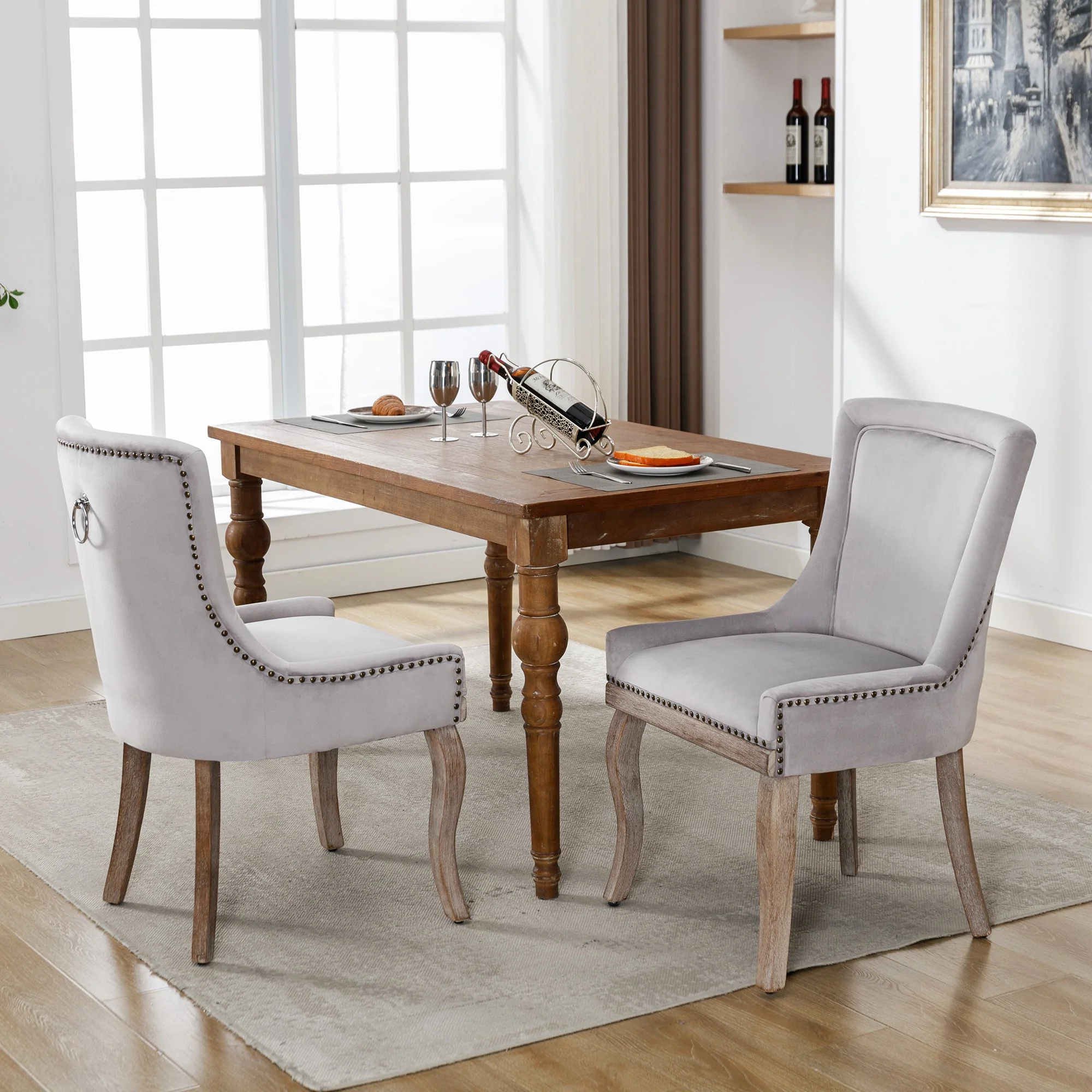 Luxurious Dining Chair Set of 2 Nailhead Trim Solid Wood Legs Grey Velvet - Image 5