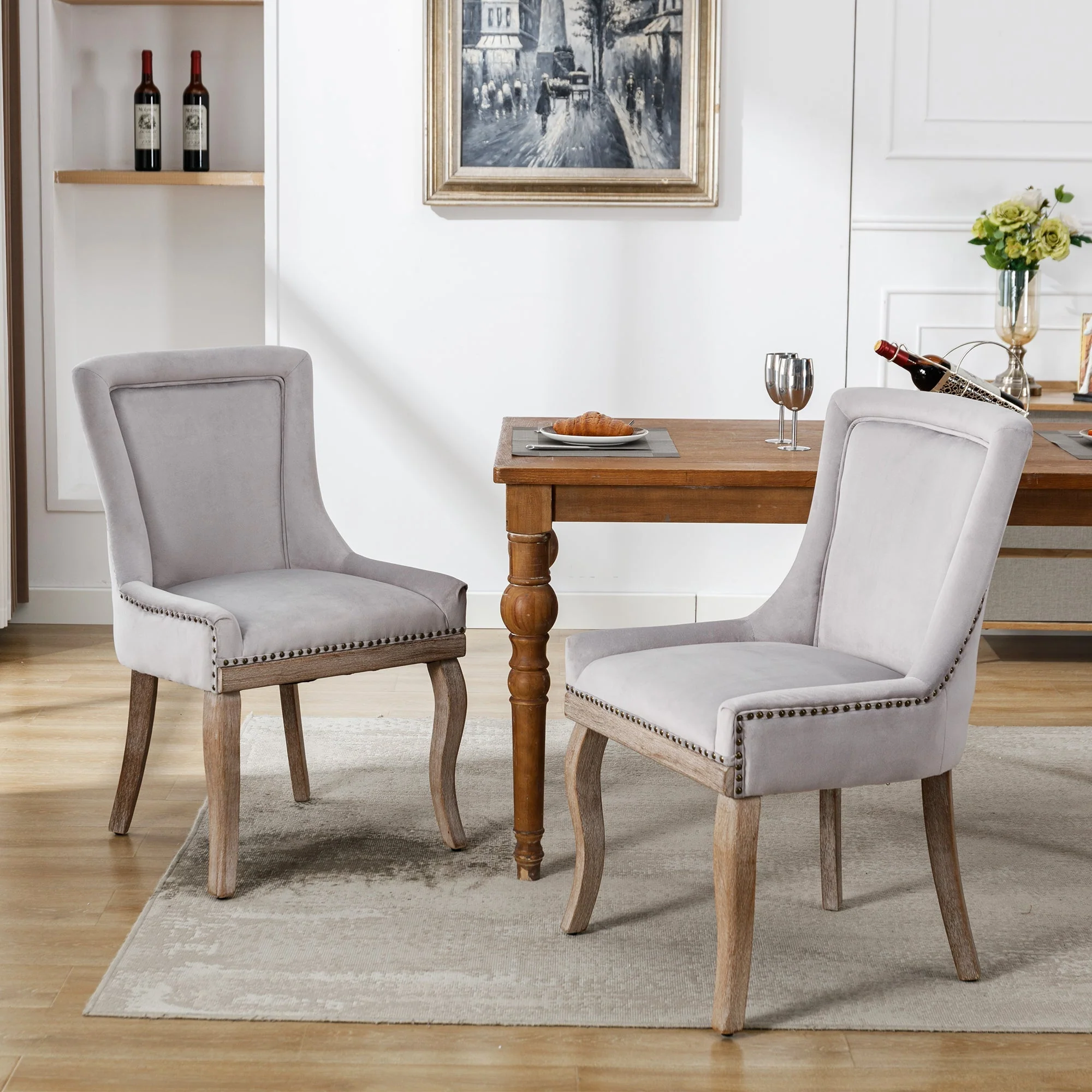 Luxurious Dining Chair Set of 2 Nailhead Trim Solid Wood Legs Grey Velvet - Image 6