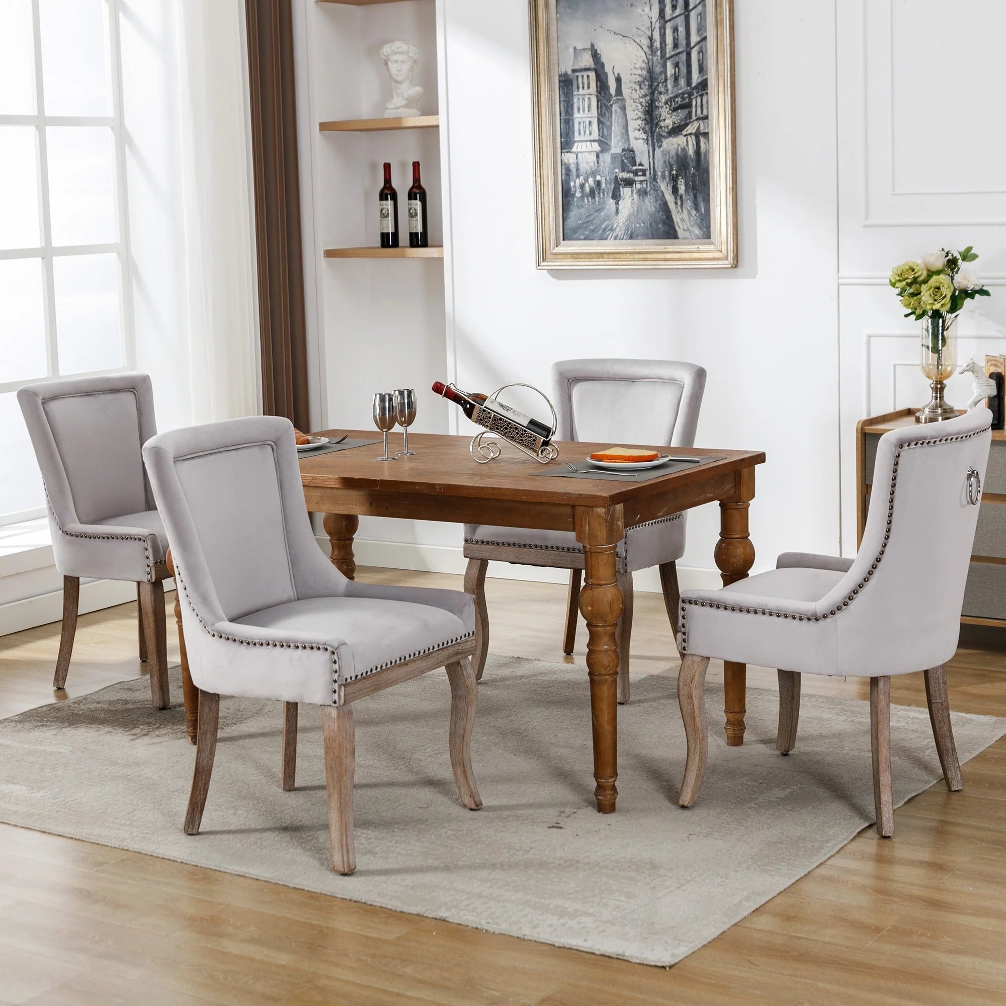 Luxurious Dining Chair Set of 4 Upholstered Nailhead Trim Solid Wood Legs Grey Velvet - Image 4
