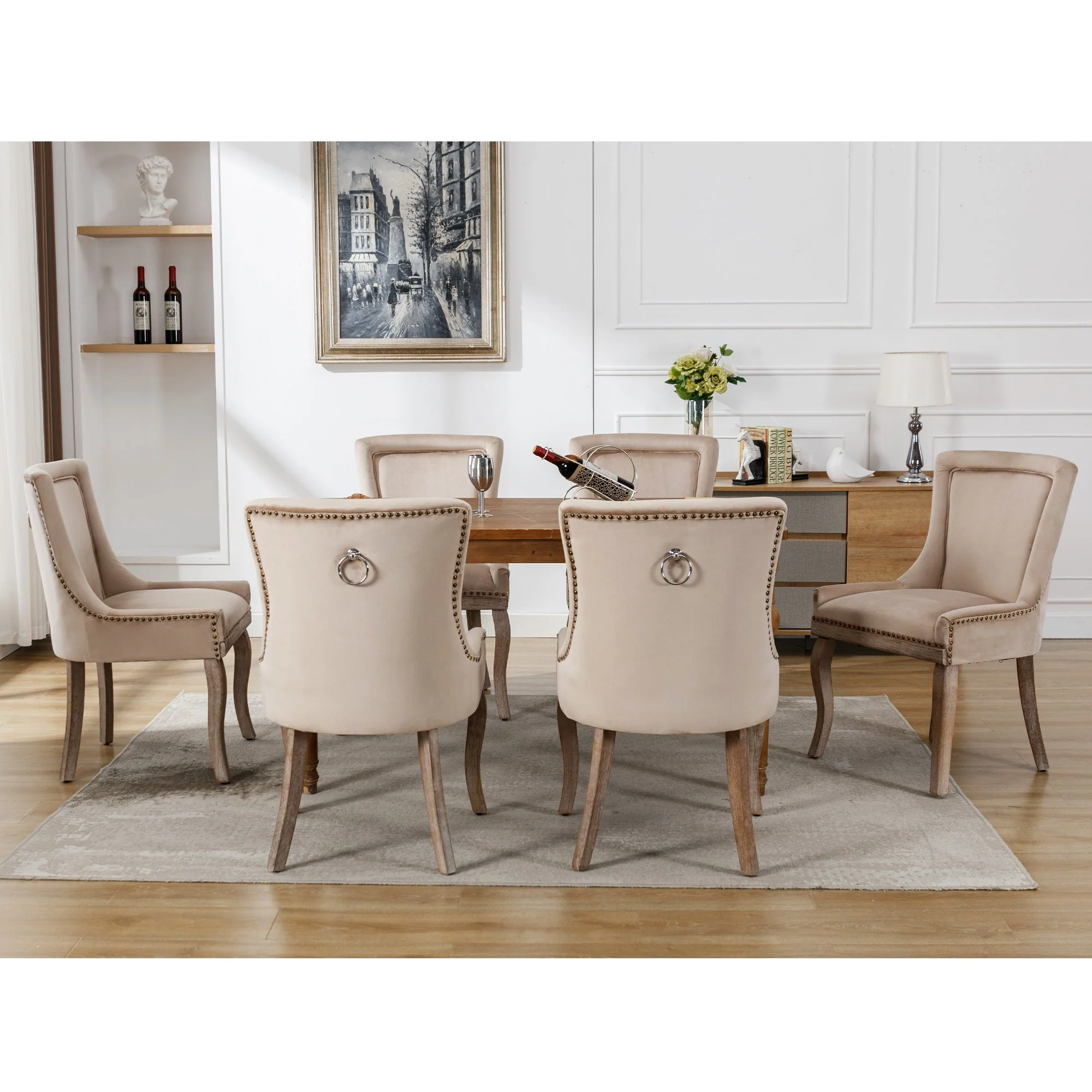 Luxurious Dining Chair Set of 6 Upholstered Nailhead Trim Solid Wood Legs Beige Velvet - Image 3