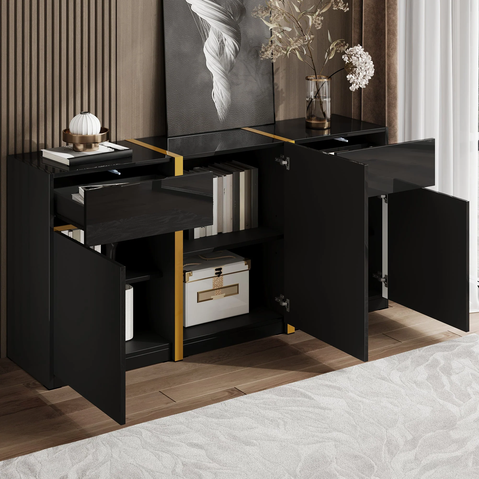 Luxurious Sideboard with 3 Doors and 2 Drawers, High-Gloss Lacquer Finish - Image 4