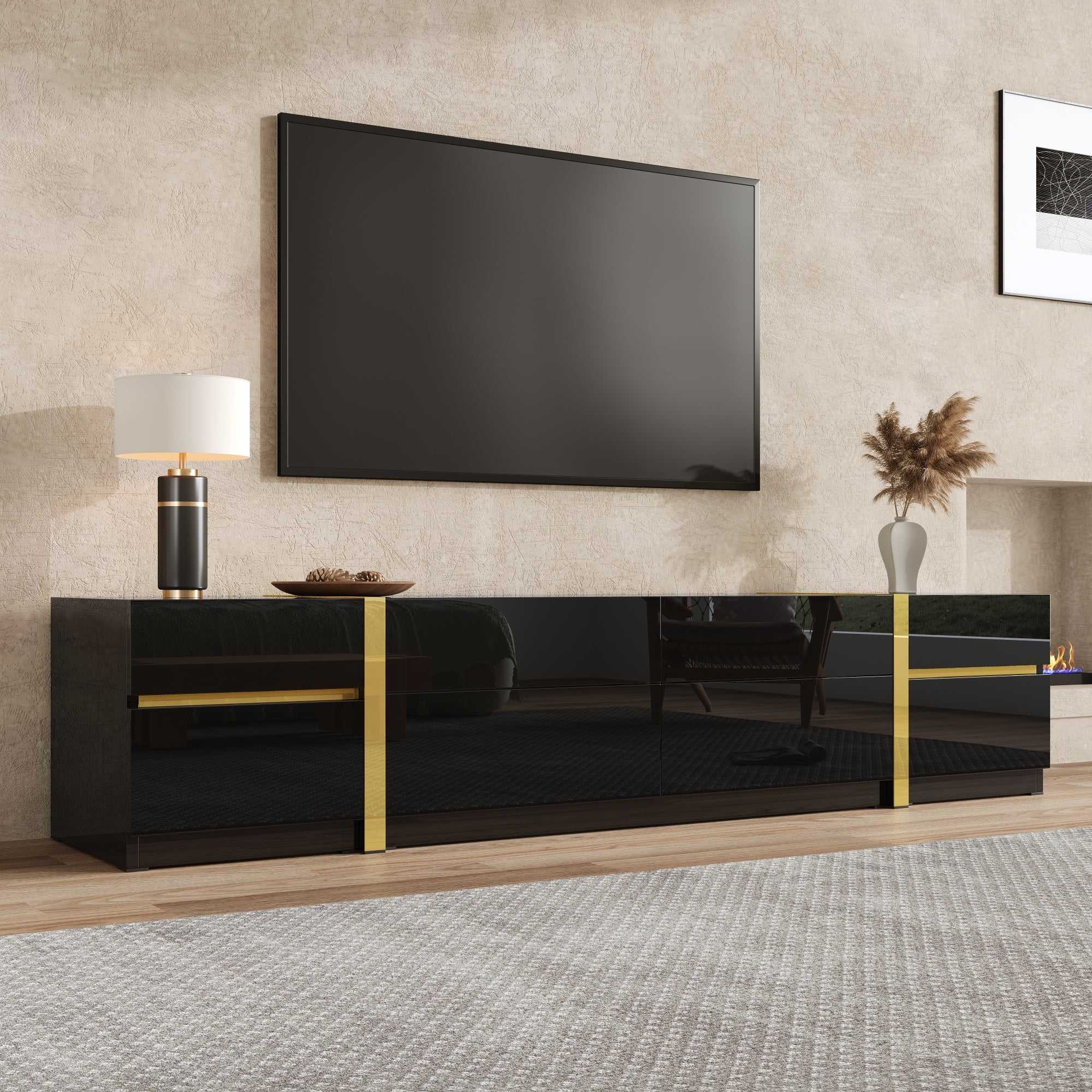 Luxurious TV Stand with Drawers and Doors, Modern High-Gloss Finish, Gold Edges - Image 5