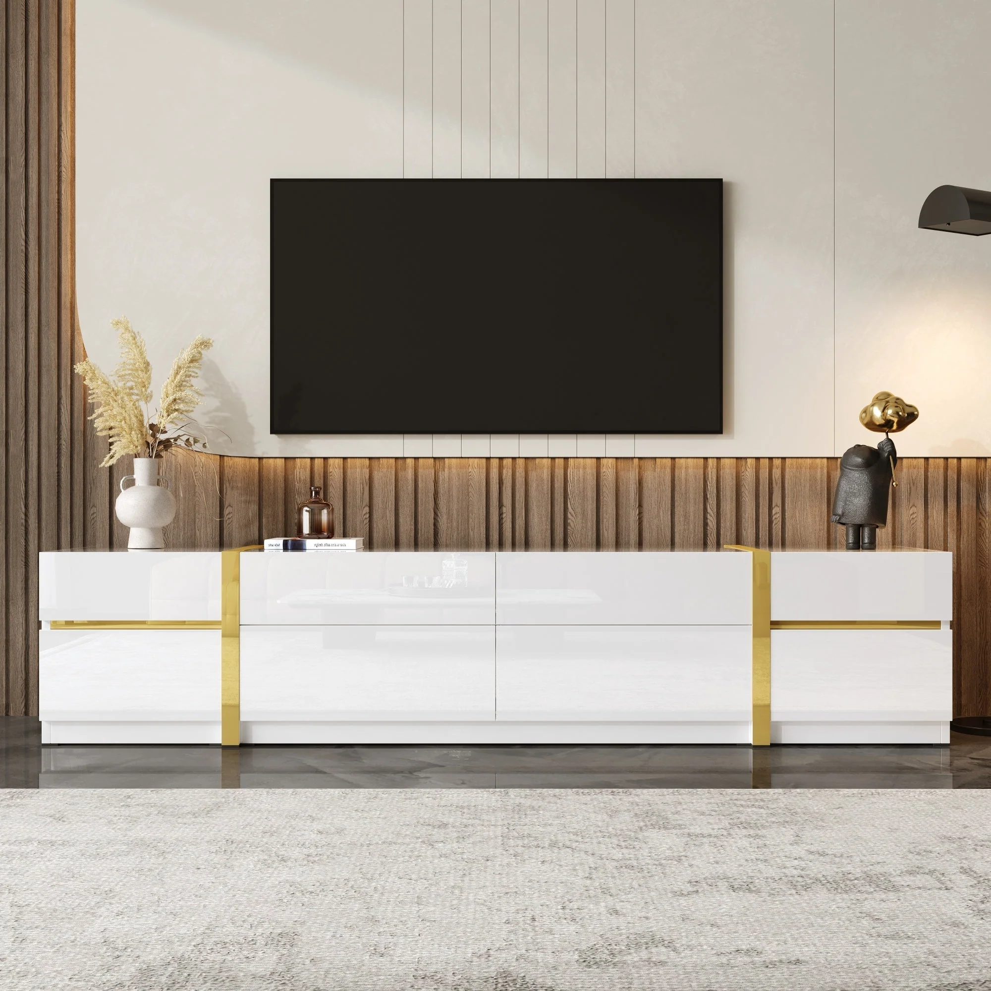 Luxurious TV Stand with Drawers and Doors, Modern Style, White High-Gloss and Gold - Image 8