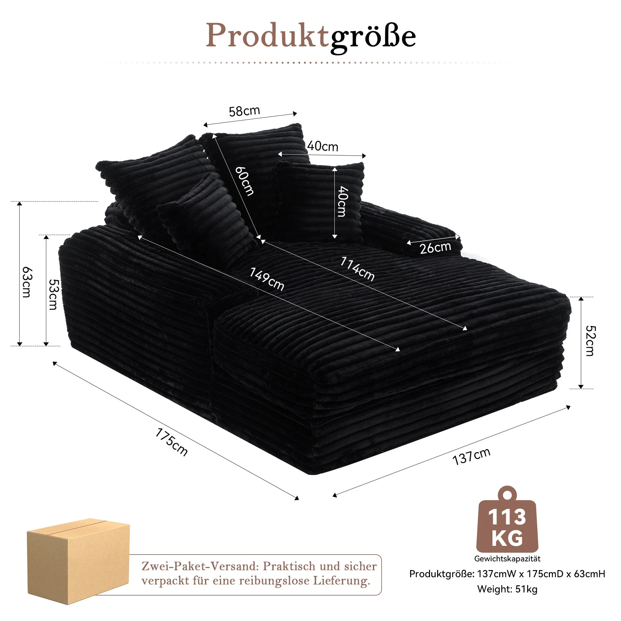Luxury Cord Sofa, Multifunctional Sofa Bed, No Assembly, Black - Image 2