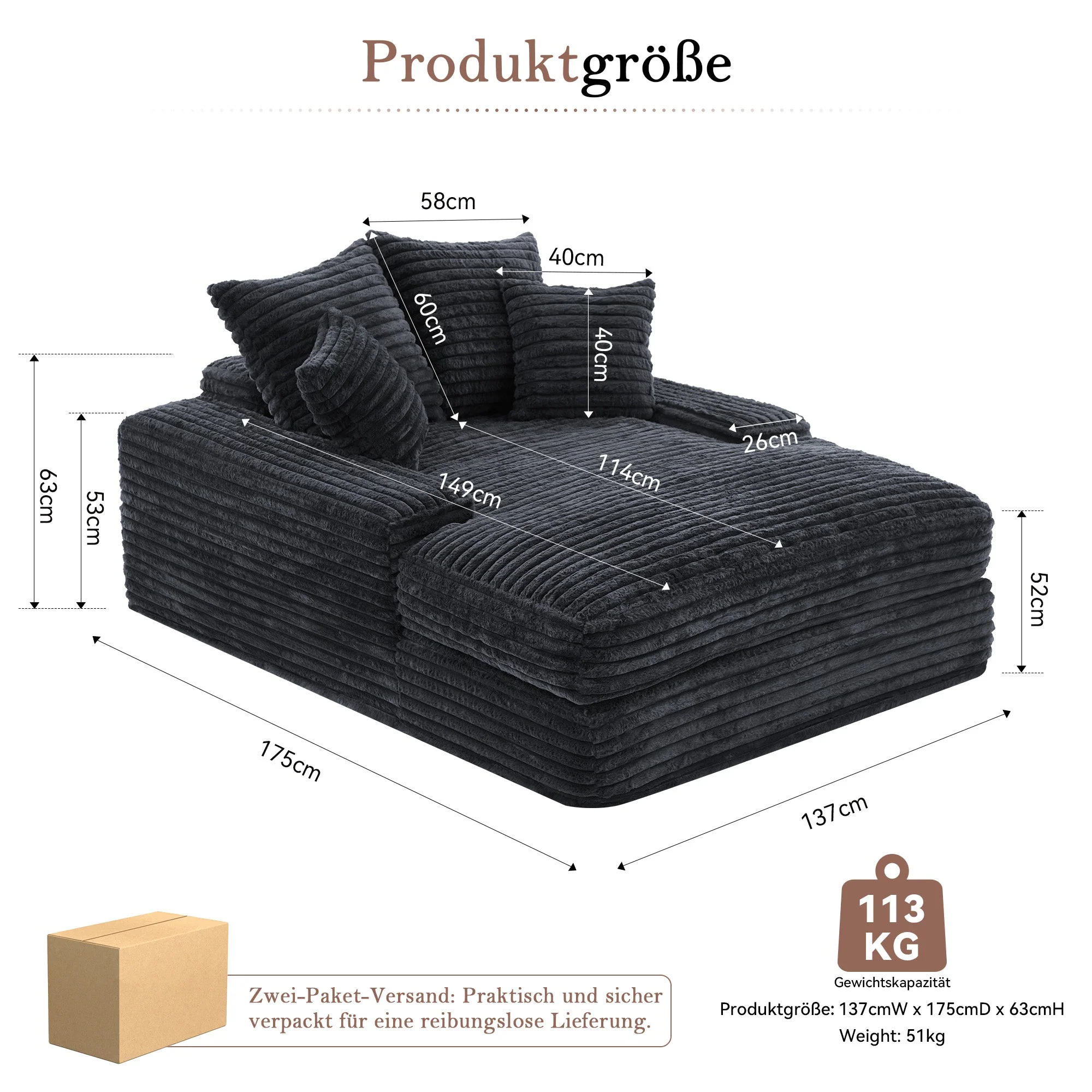 Luxury Cord Sofa, Multifunctional Sofa Bed Space-Saving, Grey - Image 2