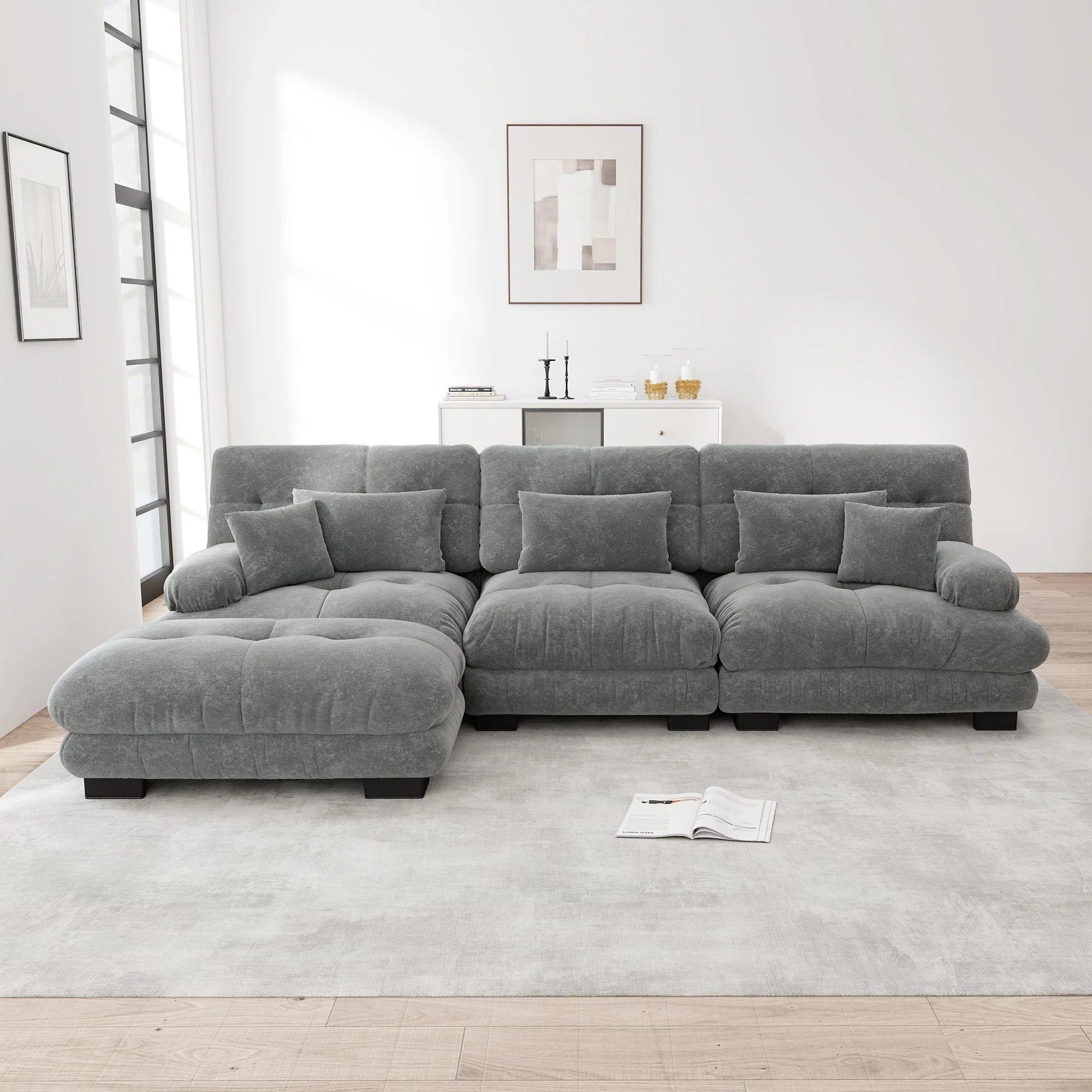 Luxury Modular Corner Sofa - Oversized L-shaped Cloud Couch with Ottoman, Chenille Grey
