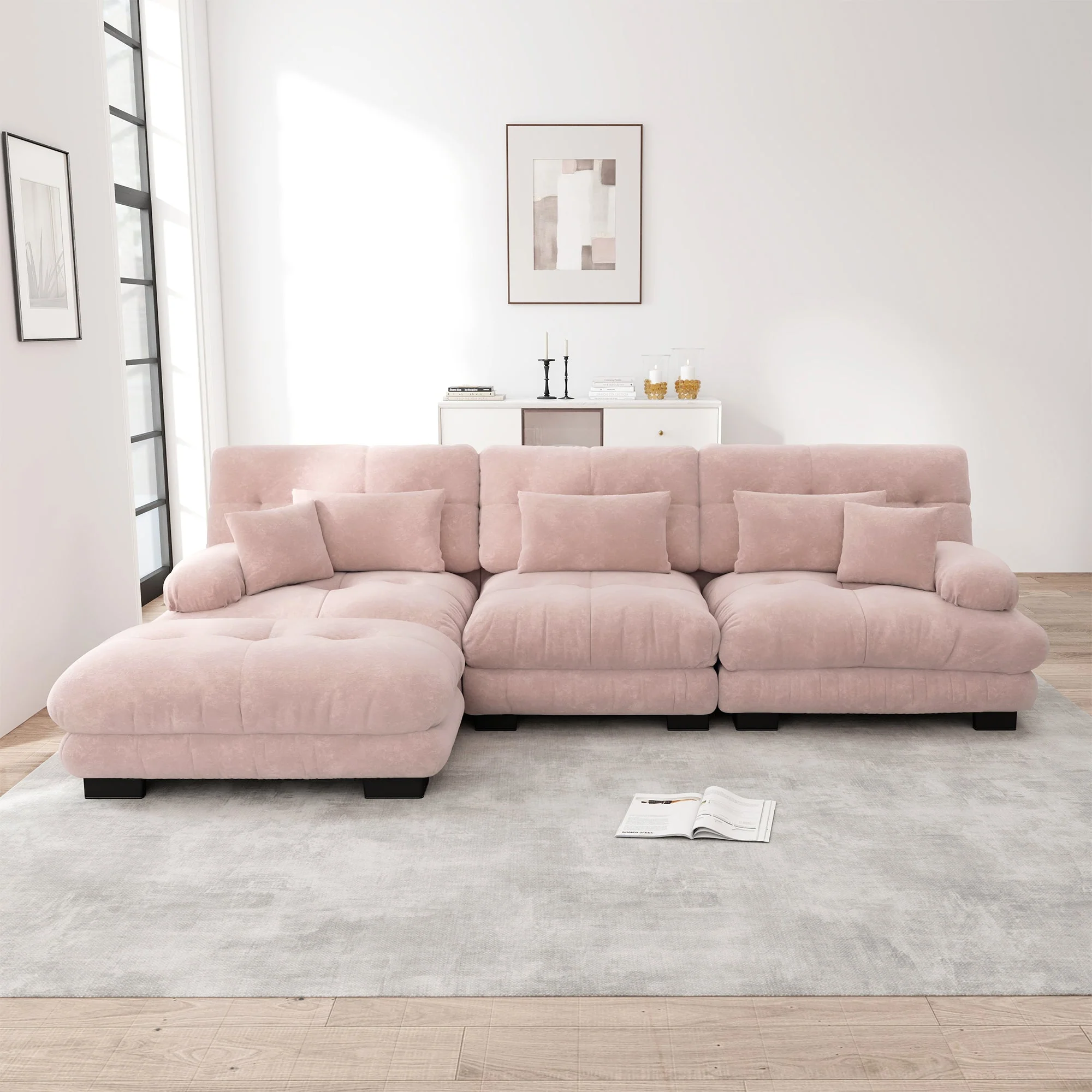 Luxury Modular Corner Sofa - Oversized L-shaped Cloud Couch with Ottoman, Chenille Pink