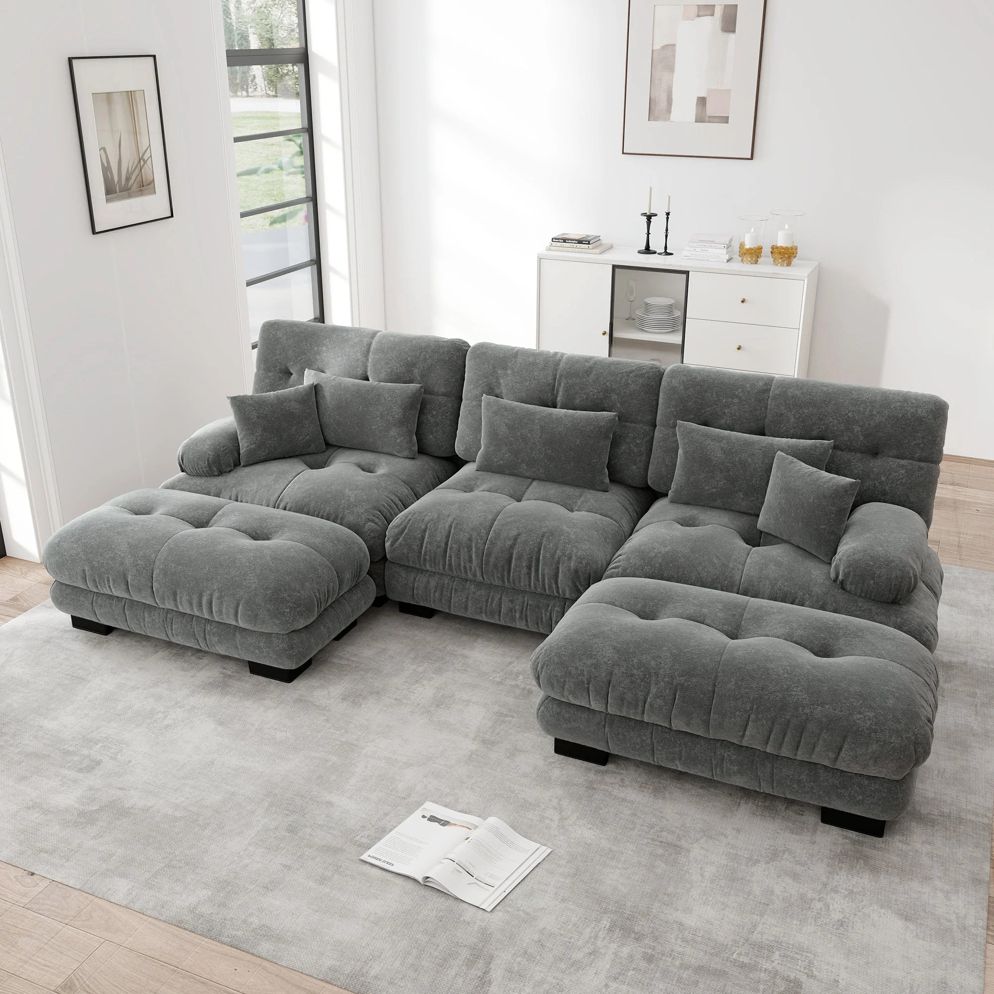 Luxury Modular Corner Sofa, Oversized U-shaped Cloud with Ottoman, Chenille Grey - Image 3
