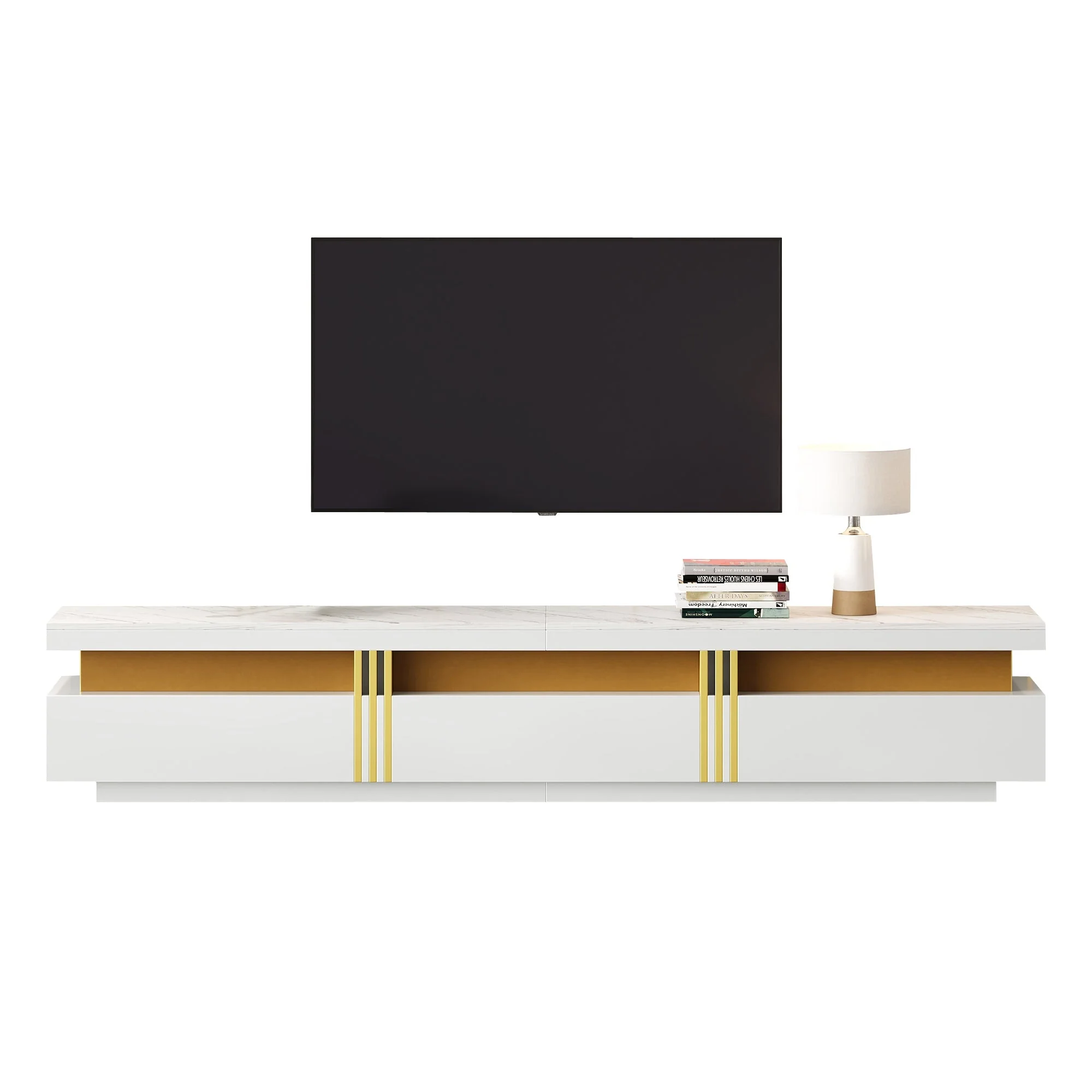Luxury TV Stand with Faux Marble Top, 3 Drawers for TVs Up to 89'', Golden Panel, White - Image 4
