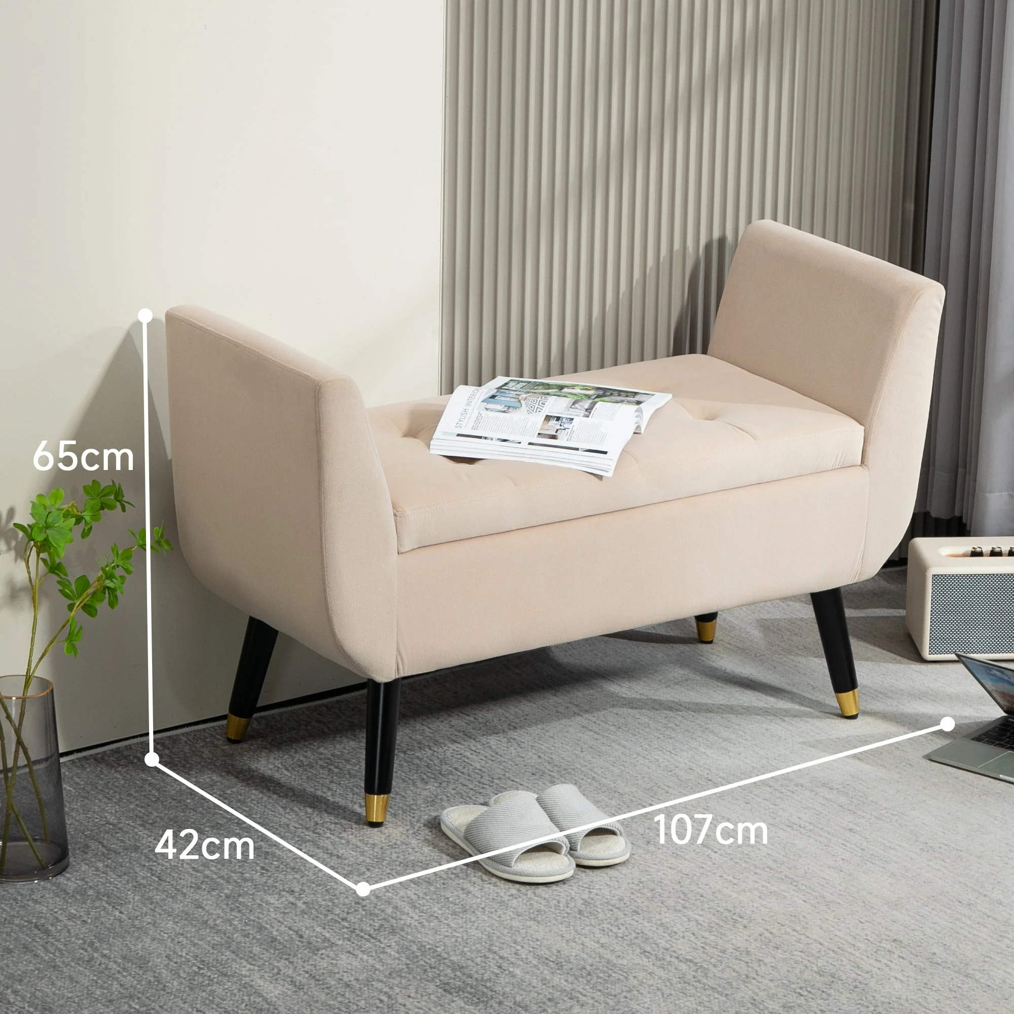 Luxury Upholstered Bench with Storage Armrests Chest Beige - Image 3