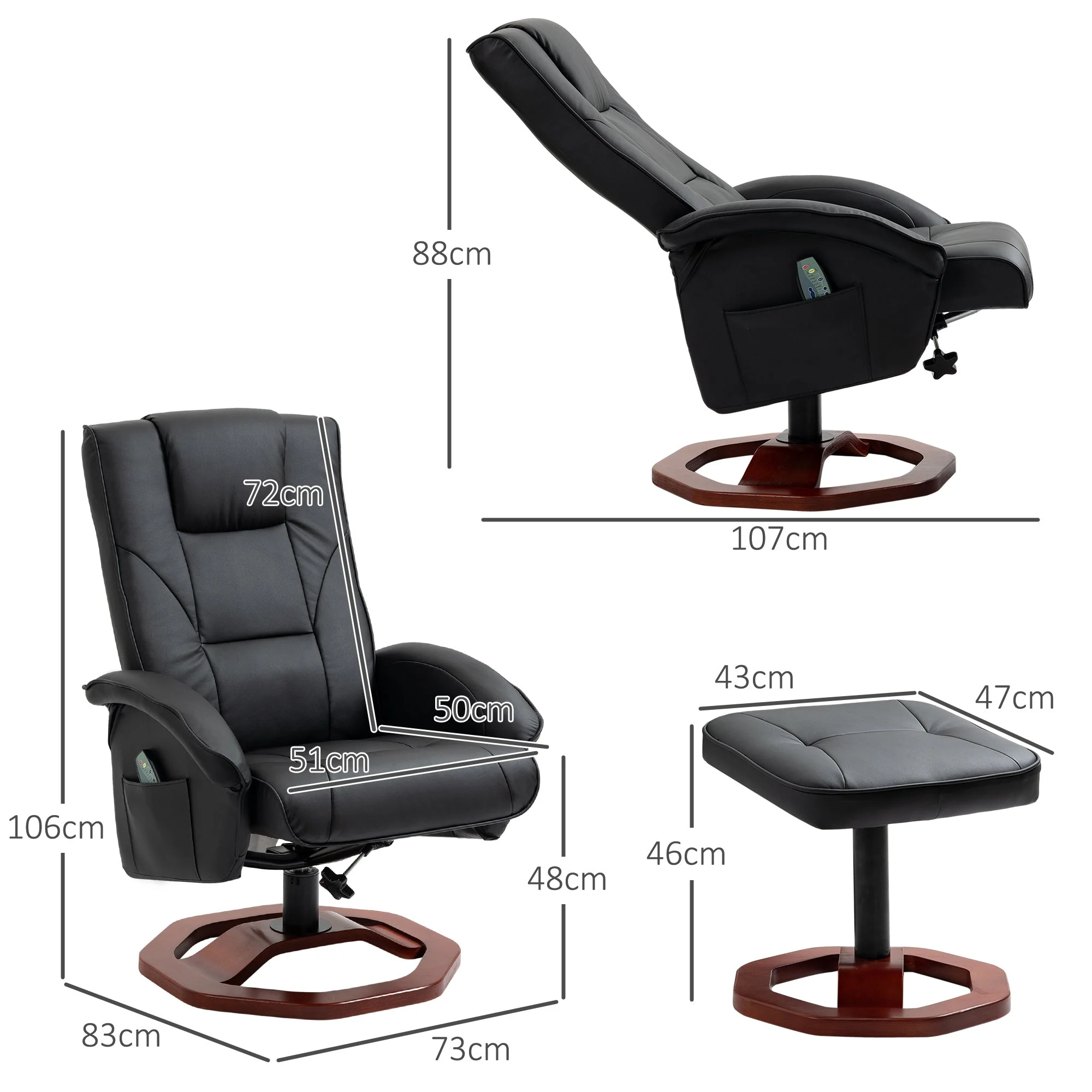Massage Chair/Lounger, 360° Swivel Recliner with Footrest, Faux Leather - Image 3