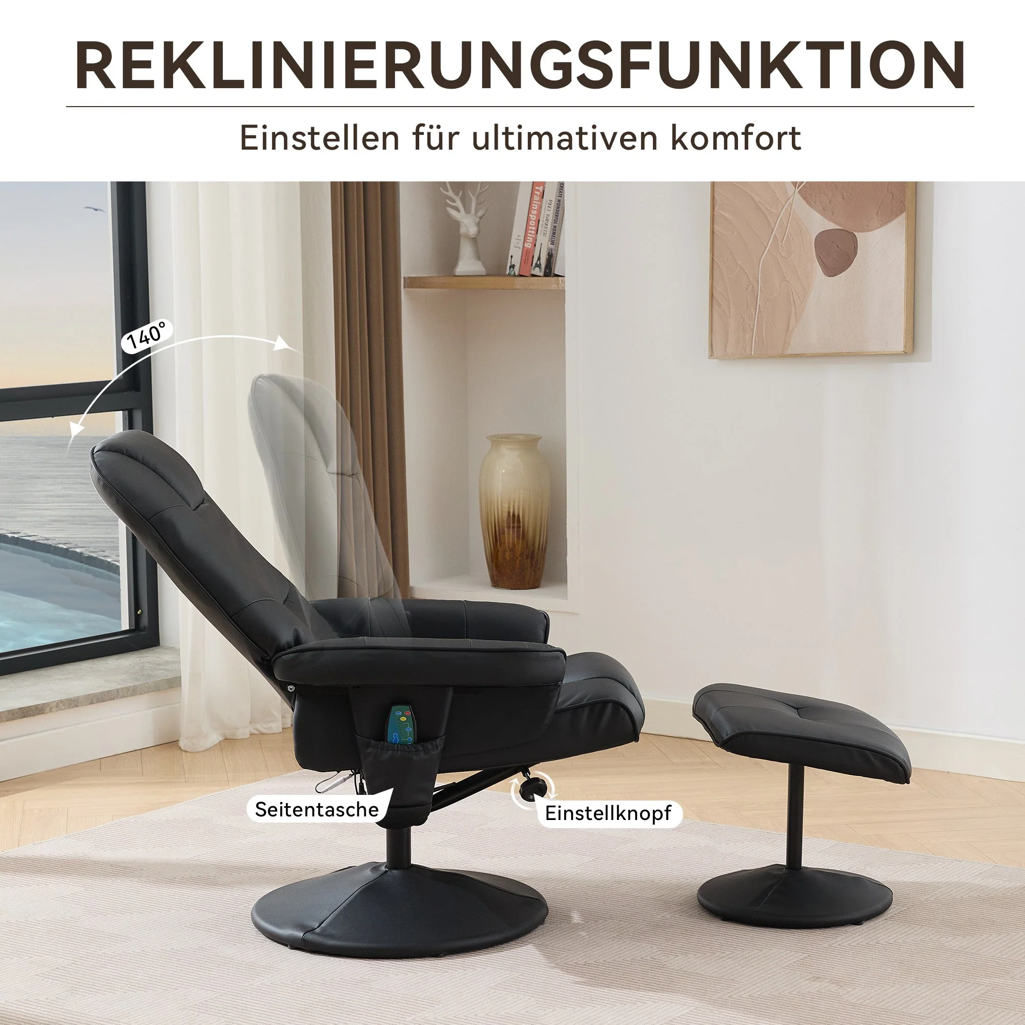 Massage Chair: Reclining, Heating & Stool, 360° Rotation, Black PU Fabric - Image 3