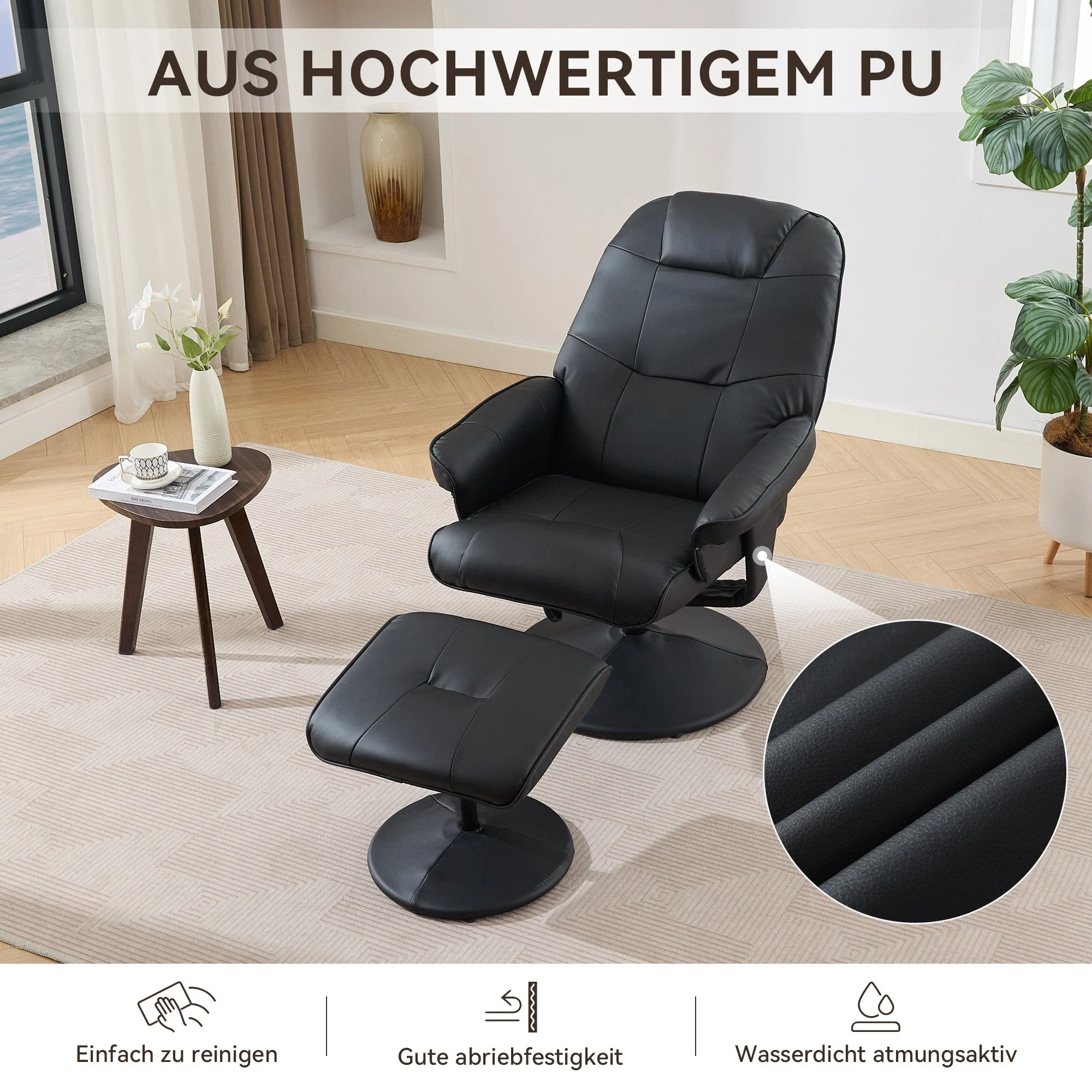 Massage Chair: Reclining, Heating & Stool, 360° Rotation, Black PU Fabric - Image 6