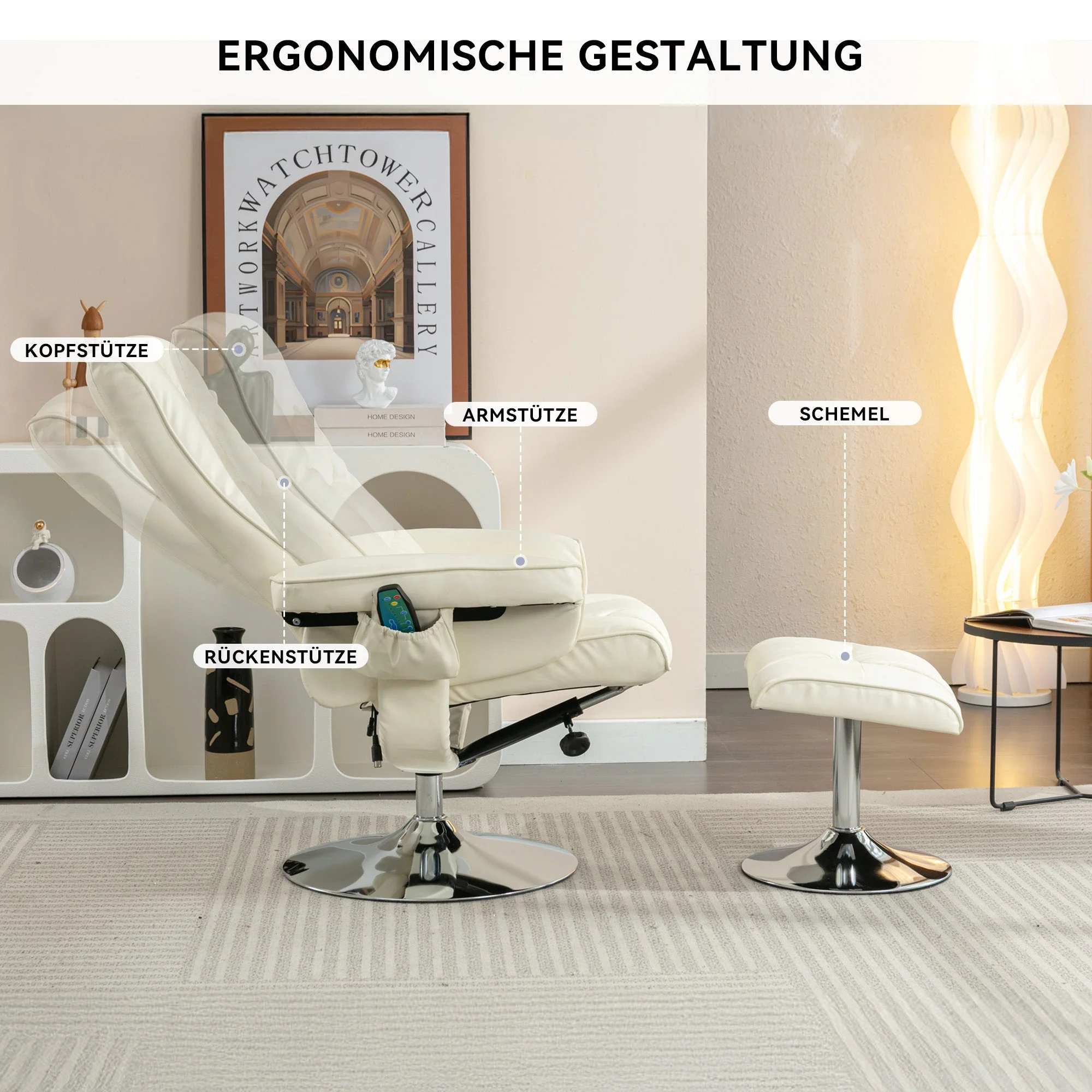 Massage Chair with 5-Point Massager & Ottoman, PU Upholstery, Beige - Image 6